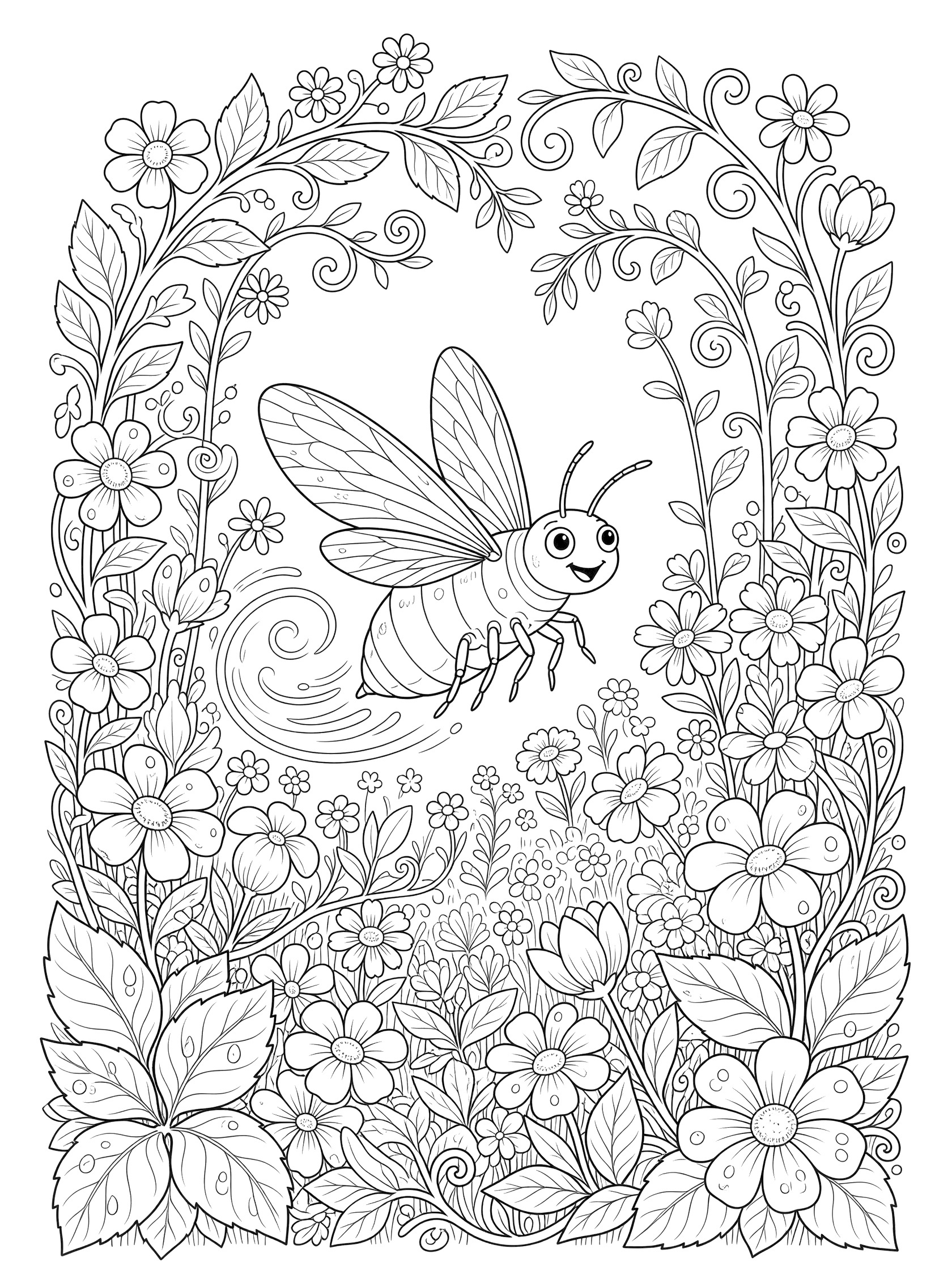 Black and white line art coloring page showing a bee with wings spread flying in front of flowers and leaves in an arched frame. Aphid themed black and white printable line art