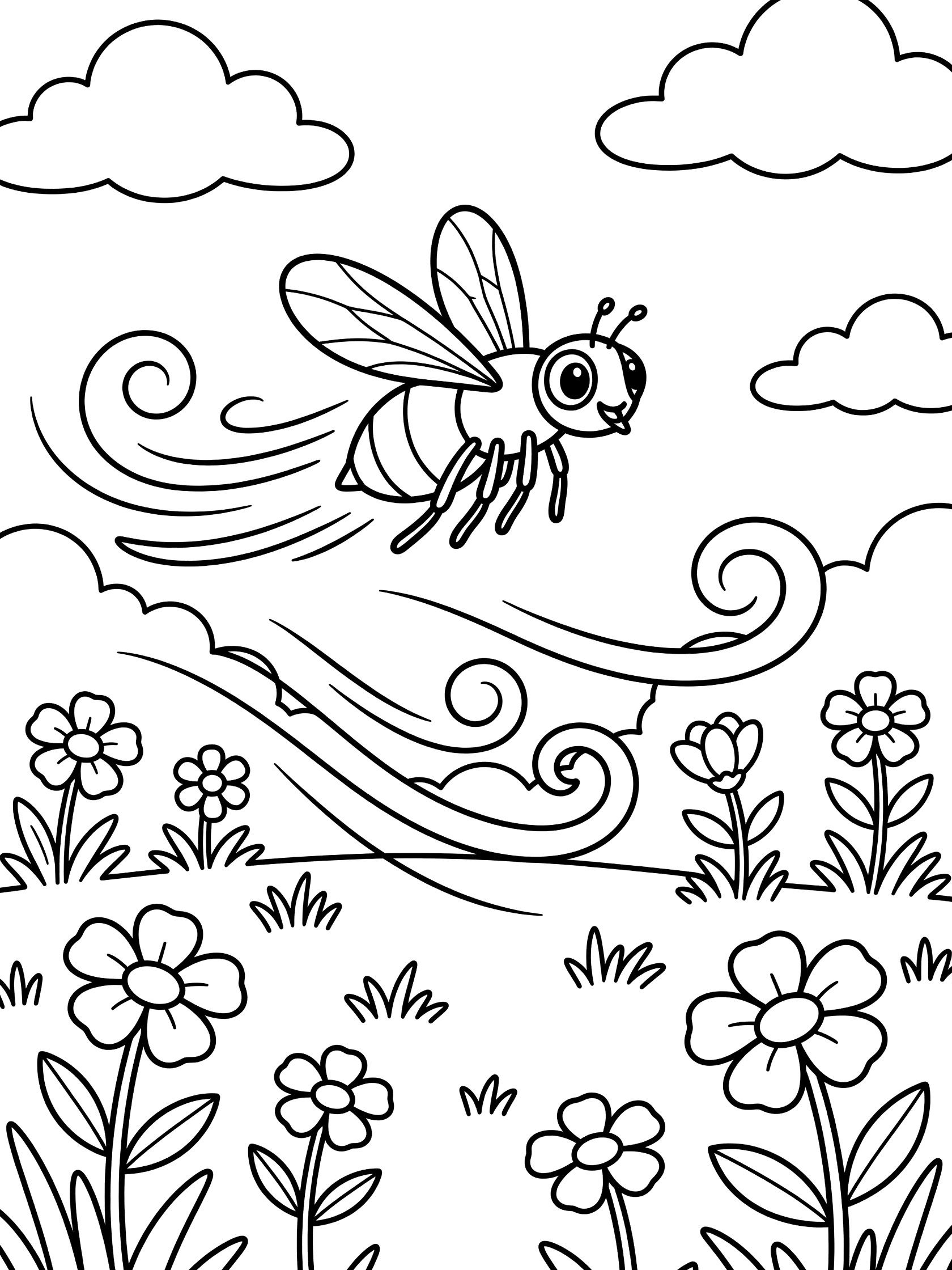 Bee Flying Over Flowers Coloring Page black and white printable coloring page