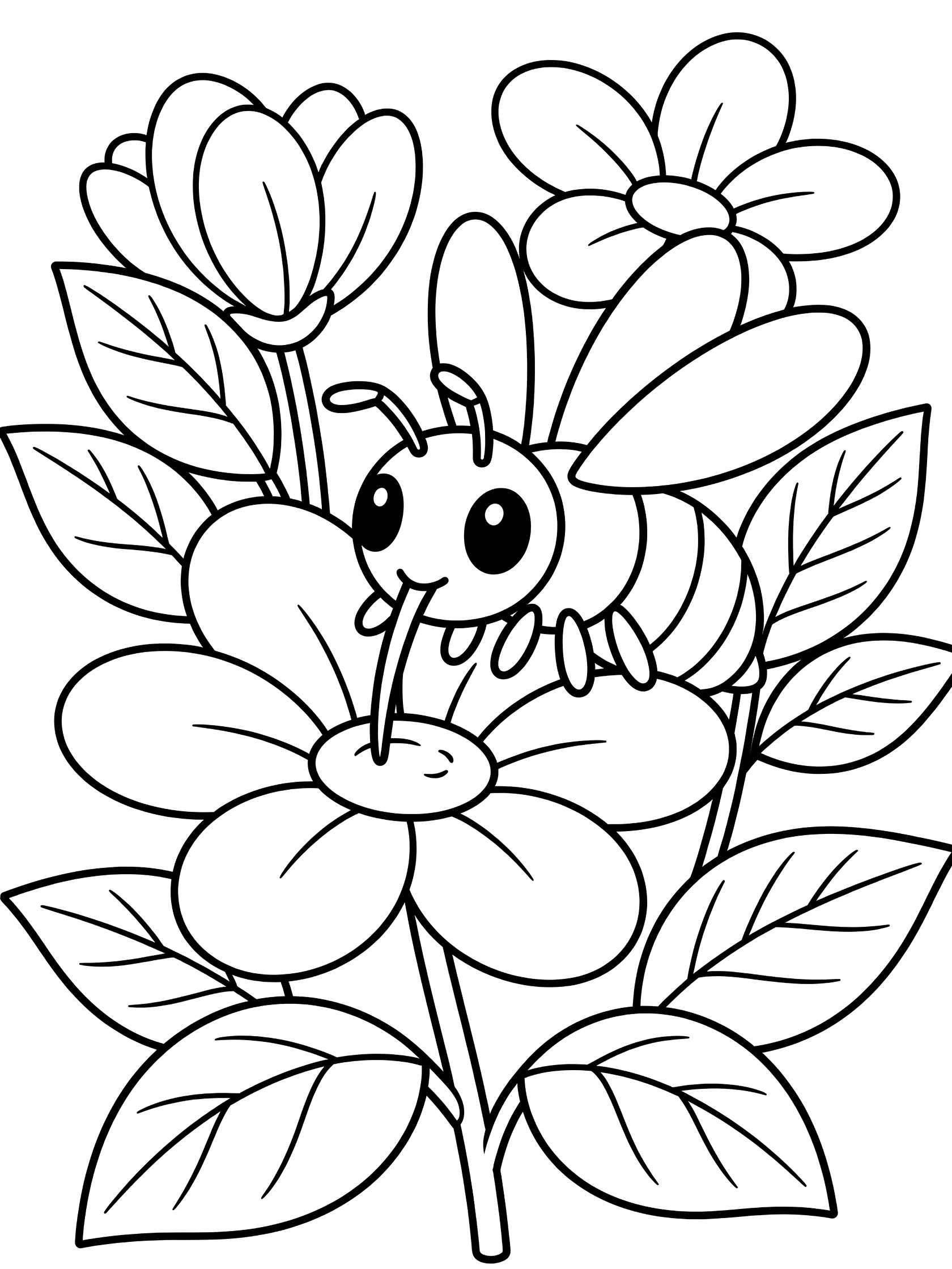 Black and white line art coloring page showing a cute bee with big eyes on a flower, surrounded by more flowers and leaves. Wasp themed black and white printable line art