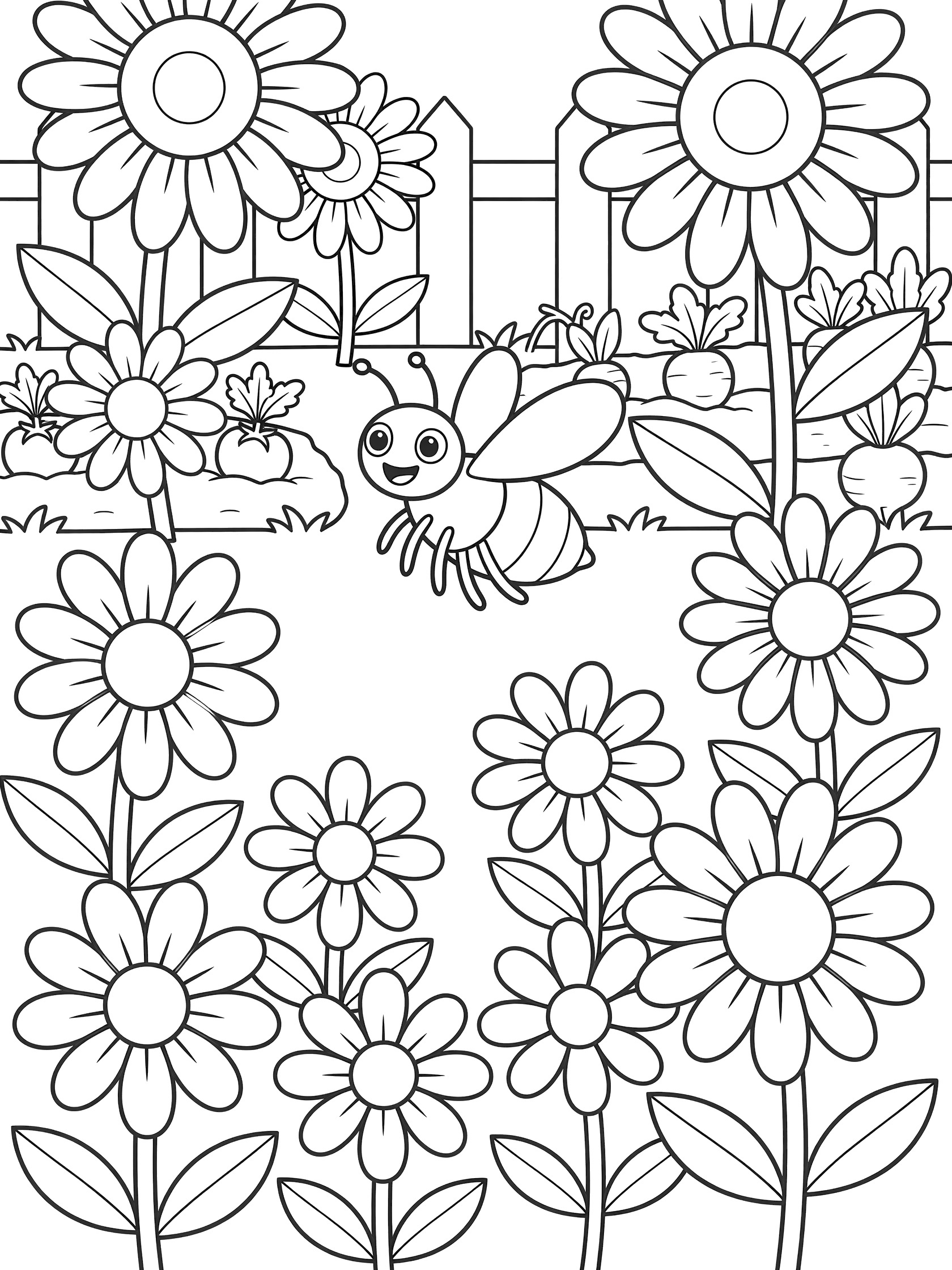 Black and white line art coloring page showing a happy bee buzzing among large sunflowers, garden leaves, vegetables like carrots, and a simple fence. Firefly themed black and white printable line art