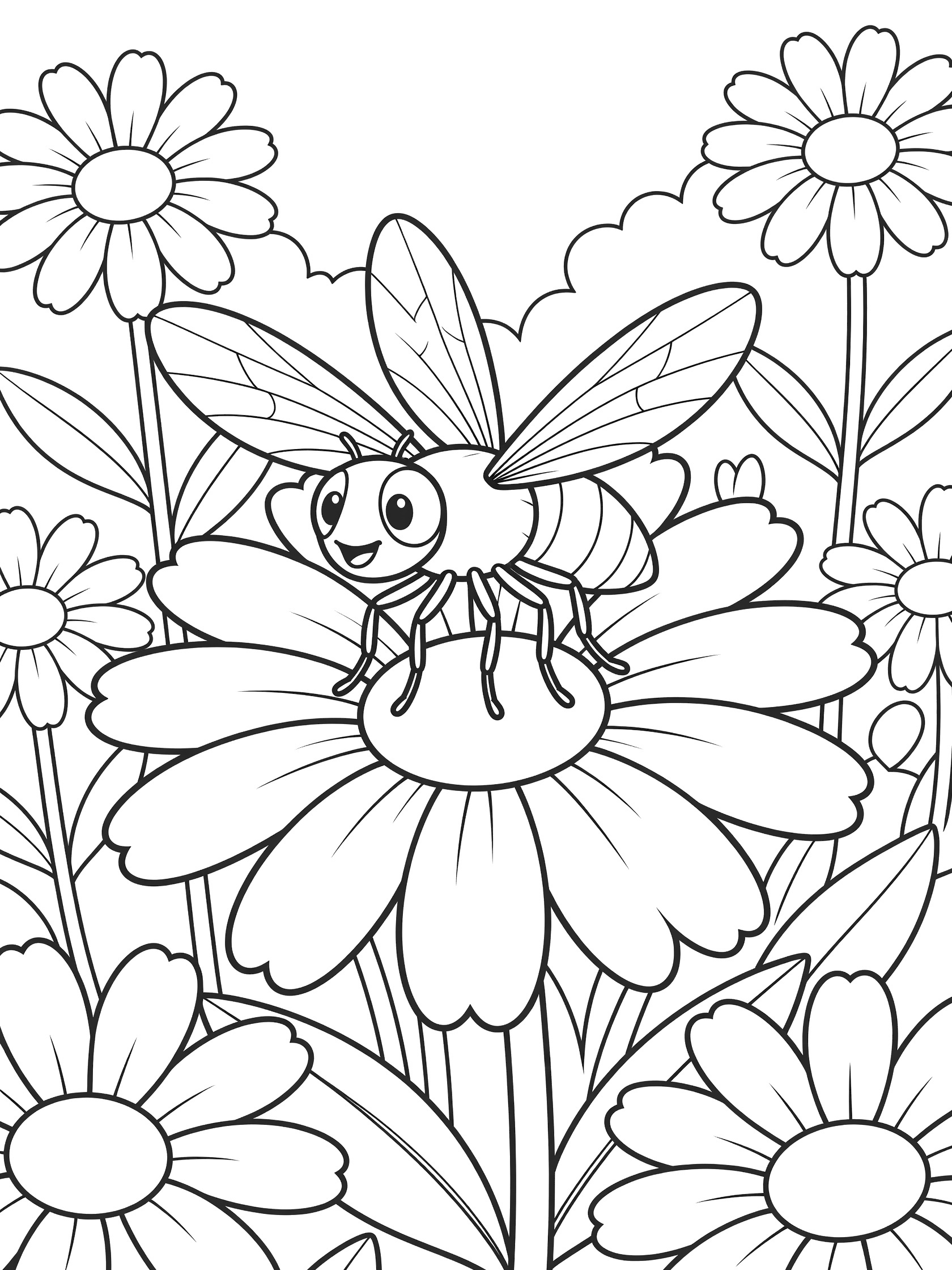 Black and white coloring page of a happy bee with big wings on a large daisy flower surrounded by petals and leaves. Fly themed black and white printable line art