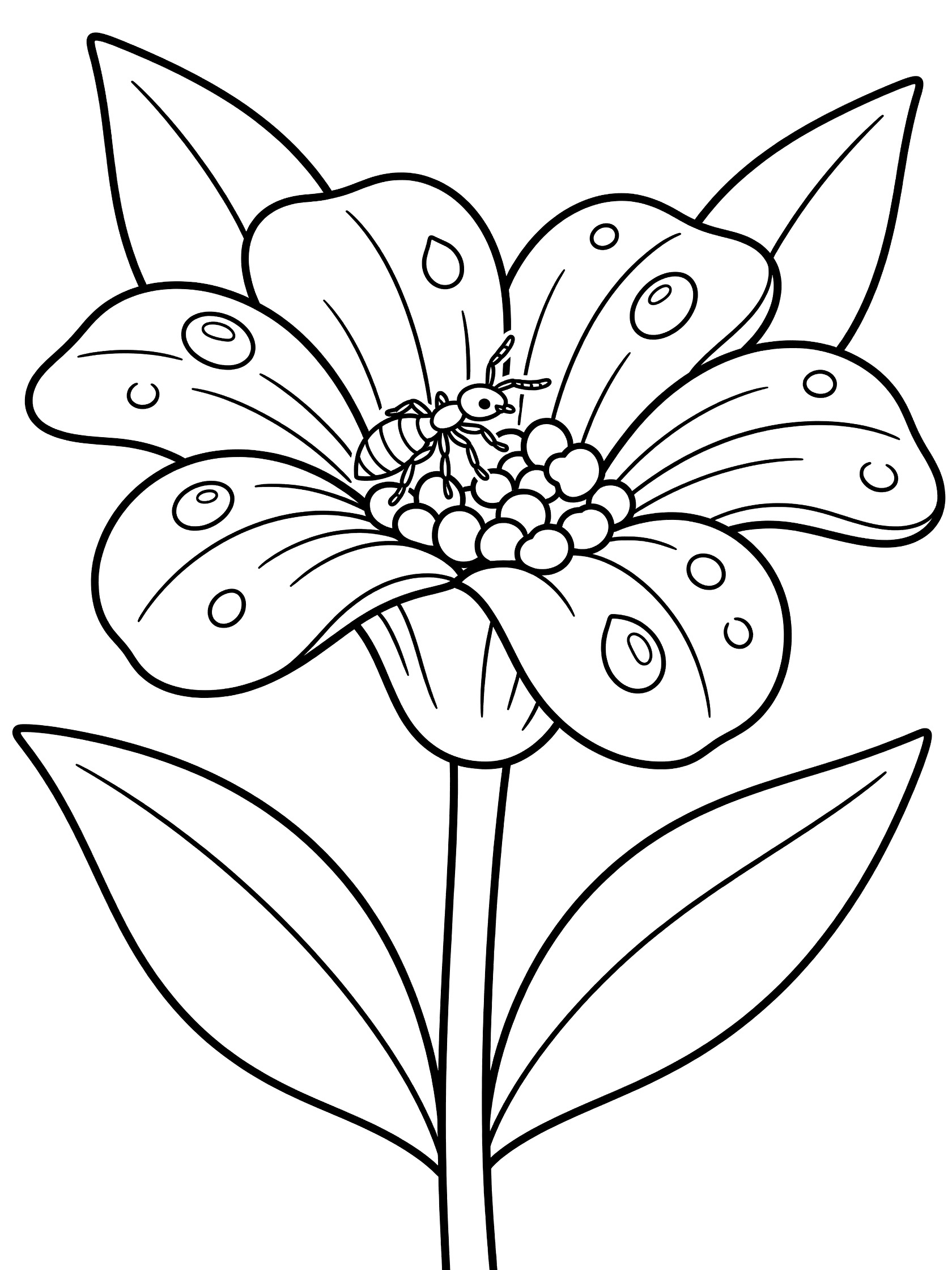 Black and white coloring page of a bee on a flower with detailed petals, stem, leaves, dew drops, and pollen grains. Termite themed black and white printable line art