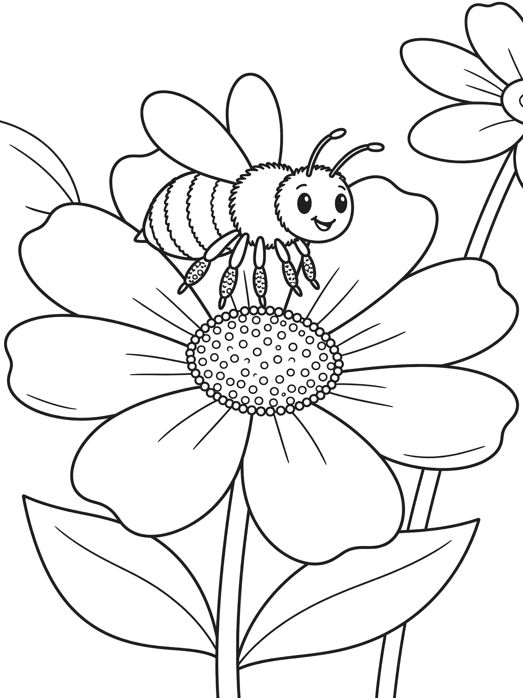 Black and white line art of a happy bee on a large flower with wide petals, pollen dots on legs and center, clean coloring page for kids