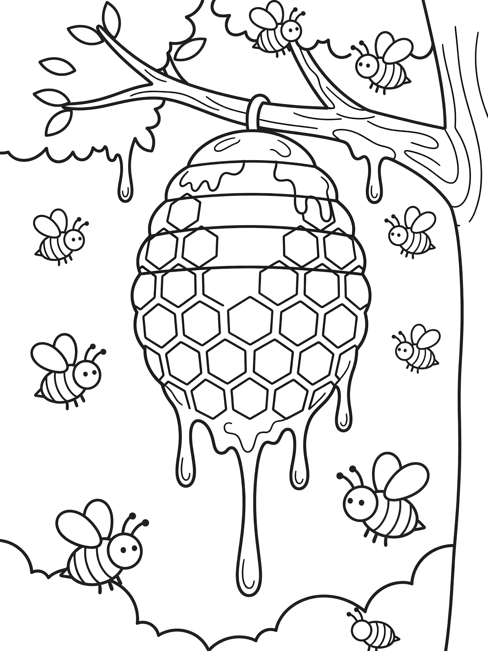 Black and white coloring page of a beehive on a tree branch with several bees flying nearby and honey drops from the comb.