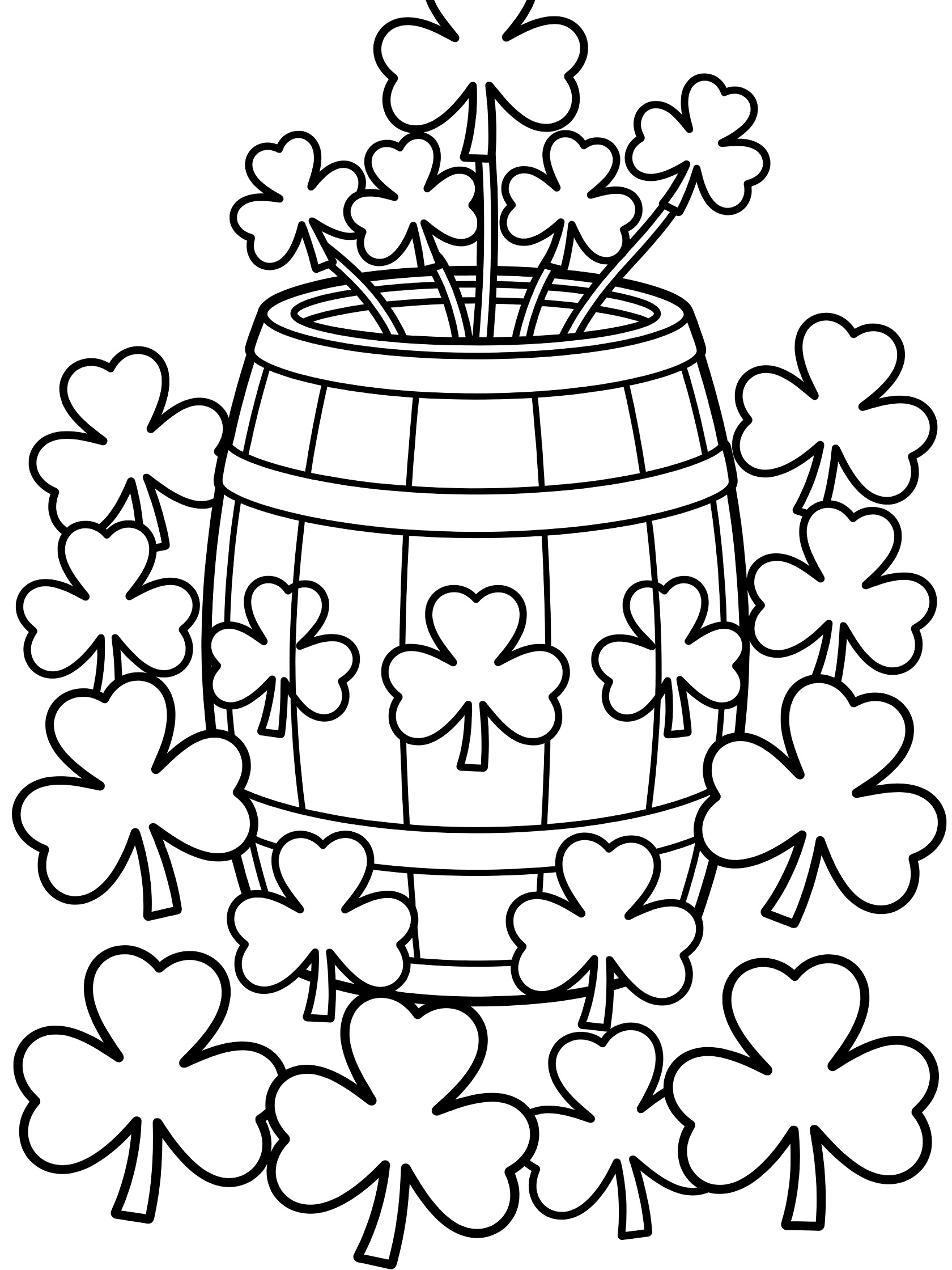 Printable coloring page showing a large wooden beer barrel in a field of shamrocks with carved shamrock designs on the sides