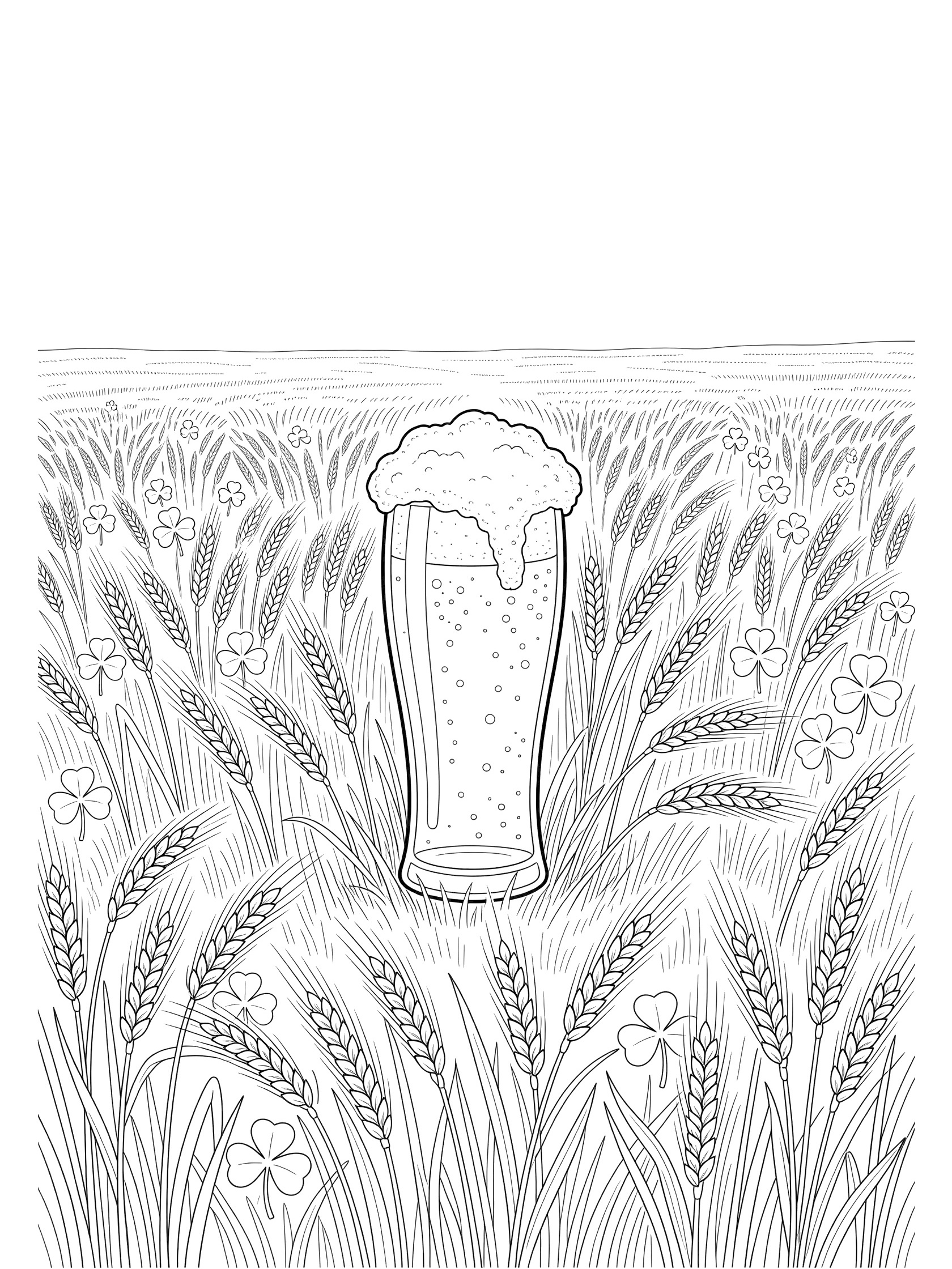Line art coloring page showing a frothy beer glass standing in a barley field with shamrocks for St. Patrick's Day