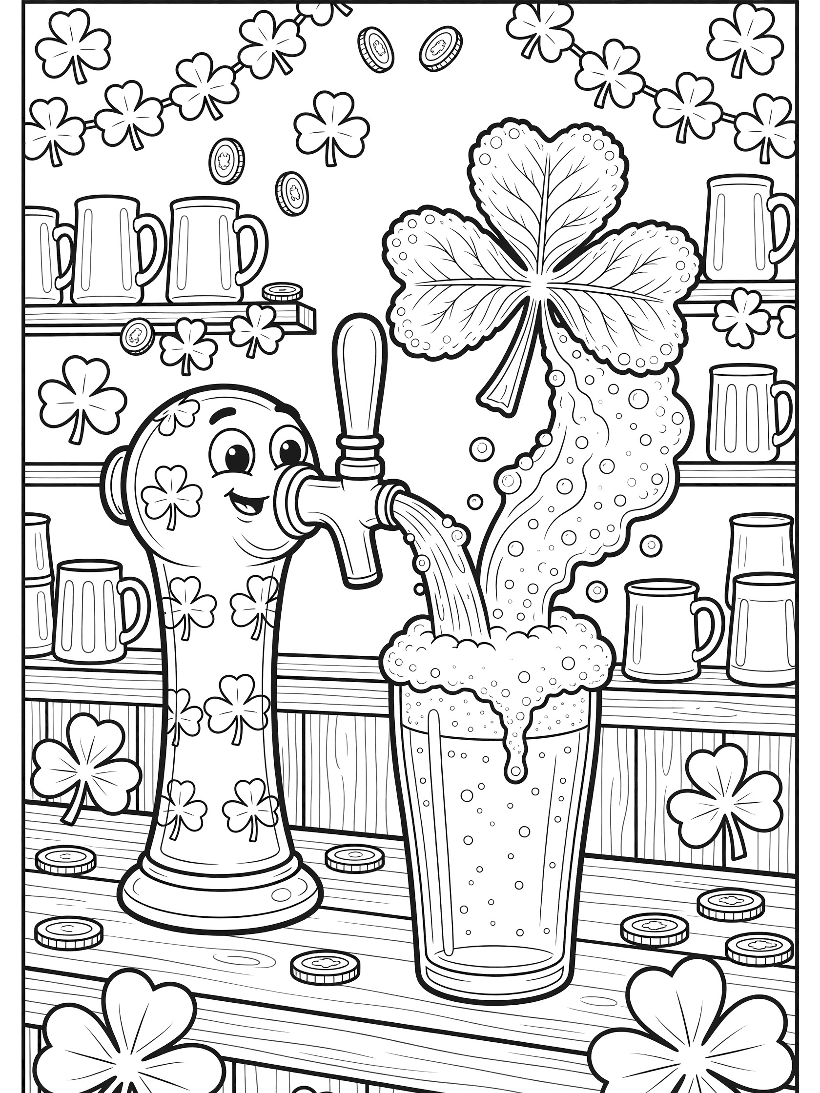 Black and white line art of a smiling beer tap with shamrock designs pouring beer with shamrock-shaped foam into a tall glass, surrounded by clovers and coins for St. Patrick's Day coloring.