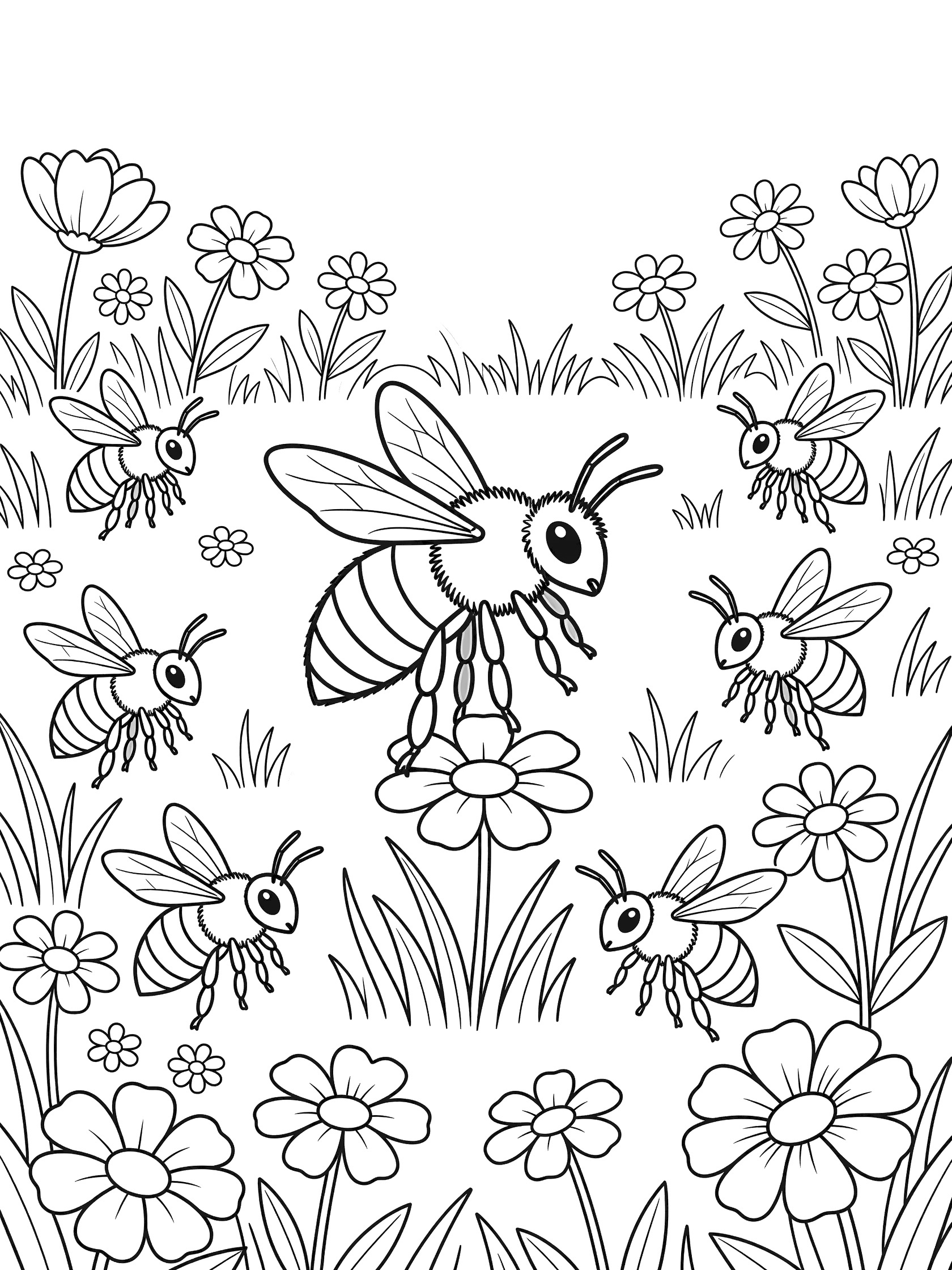 Black and white line art coloring page showing a central bee with wings spread near a flower, surrounded by other bees, daisies, and grass blades.