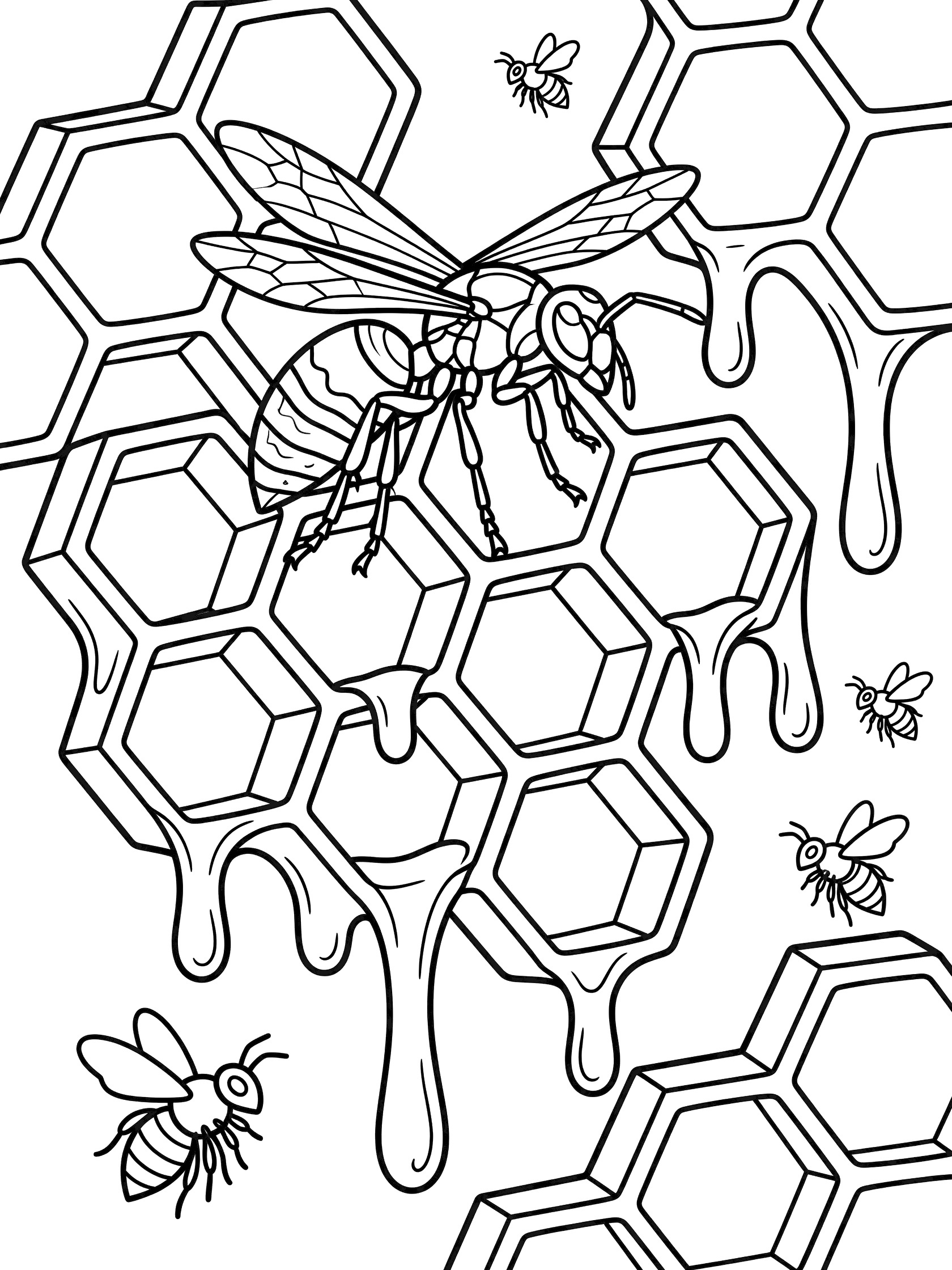 Black and white line art coloring page showing a large bee on hexagonal honeycomb with honey drips and smaller bees around it. Wasp themed black and white printable line art