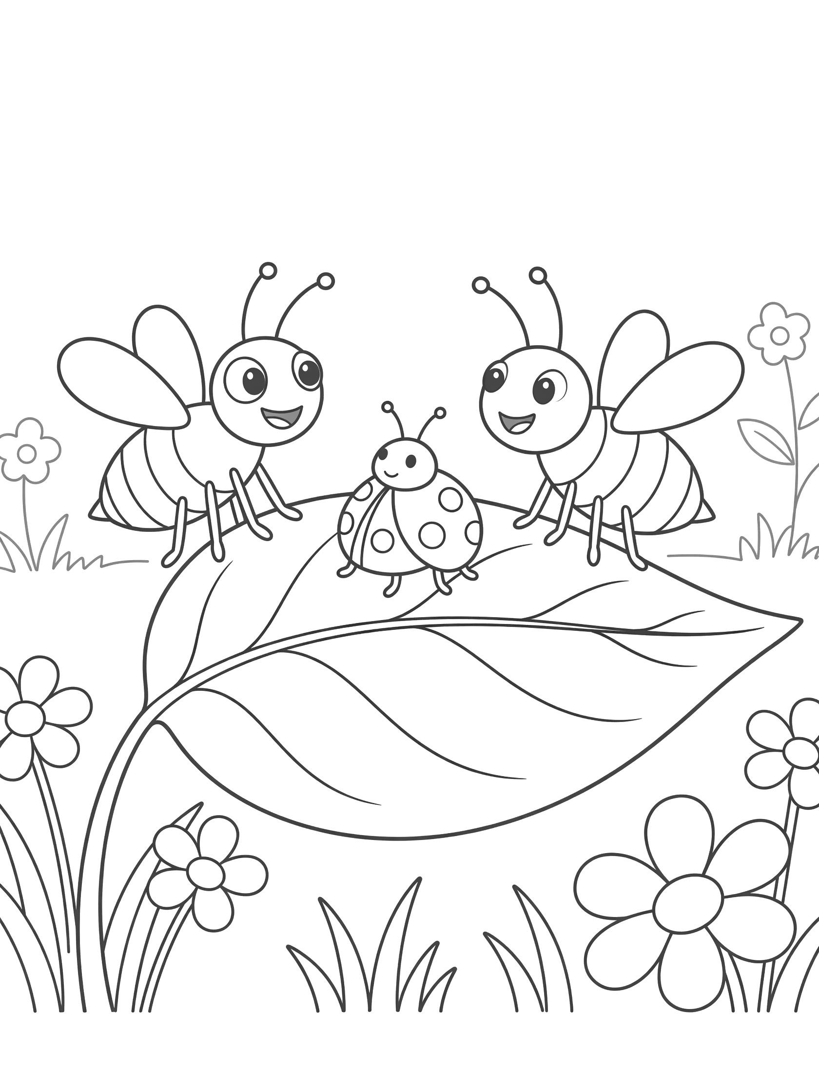 Black and white line art coloring page showing two smiling bees and a ladybug sitting on a wide leaf with flowers and grass around them. Fly themed black and white printable line art