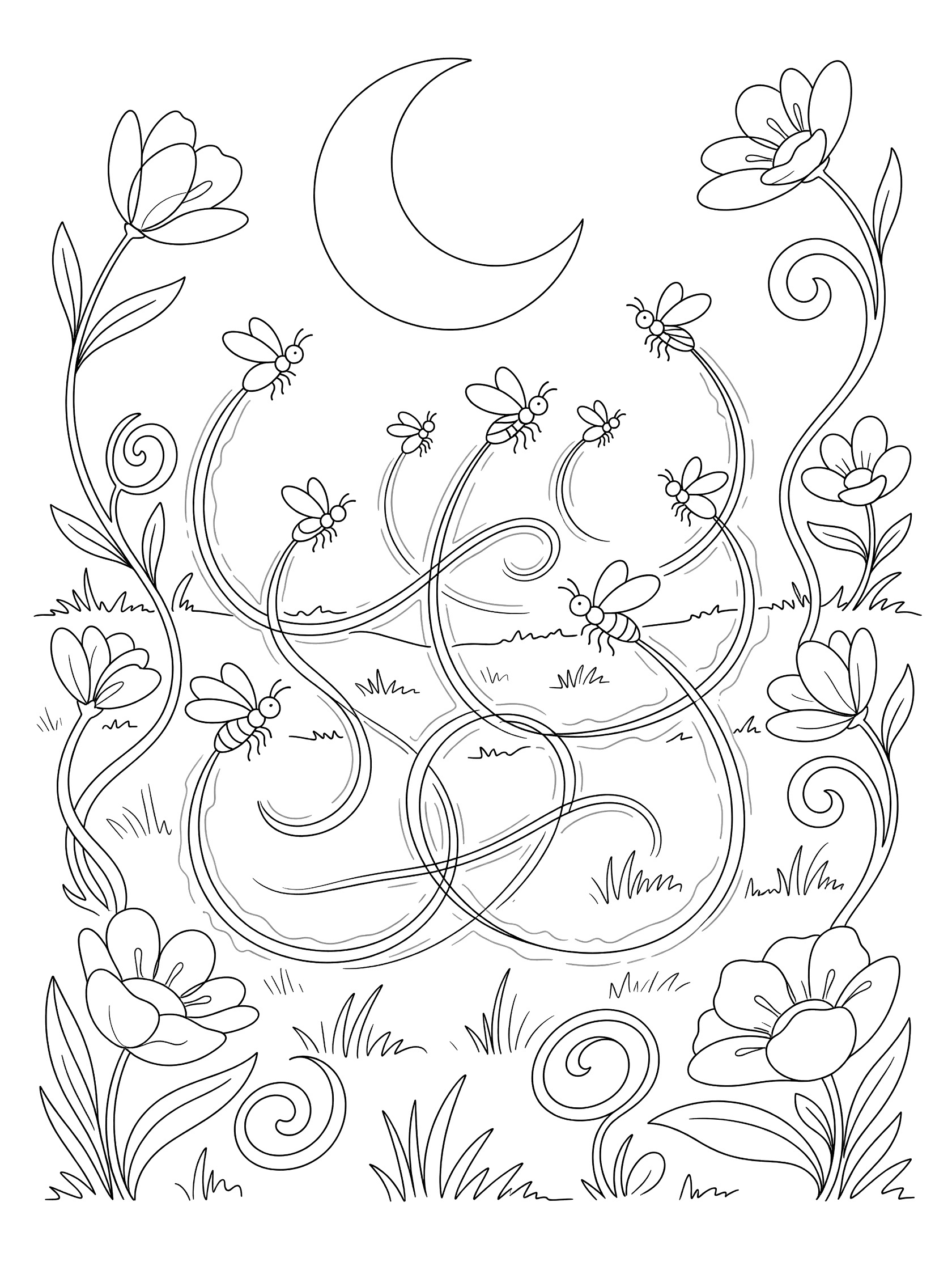 Black and white line art coloring page showing cartoon bees twirling near a big crescent moon, framed by curly vines, flowers, and grass. Firefly themed black and white printable line art