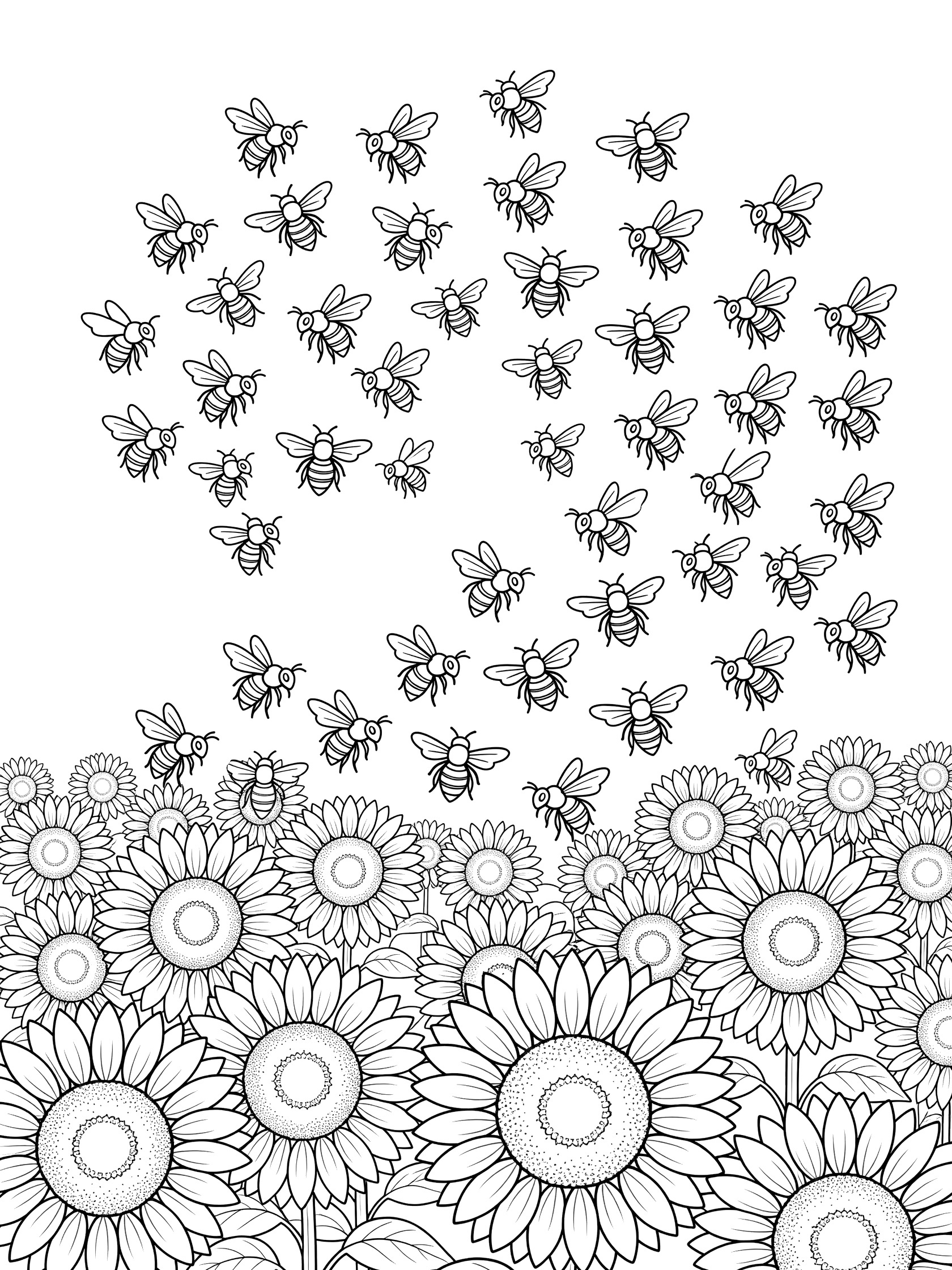 Black and white line art coloring page of a swirling swarm of bees flying over a field of tall sunflowers with stems and leaves.