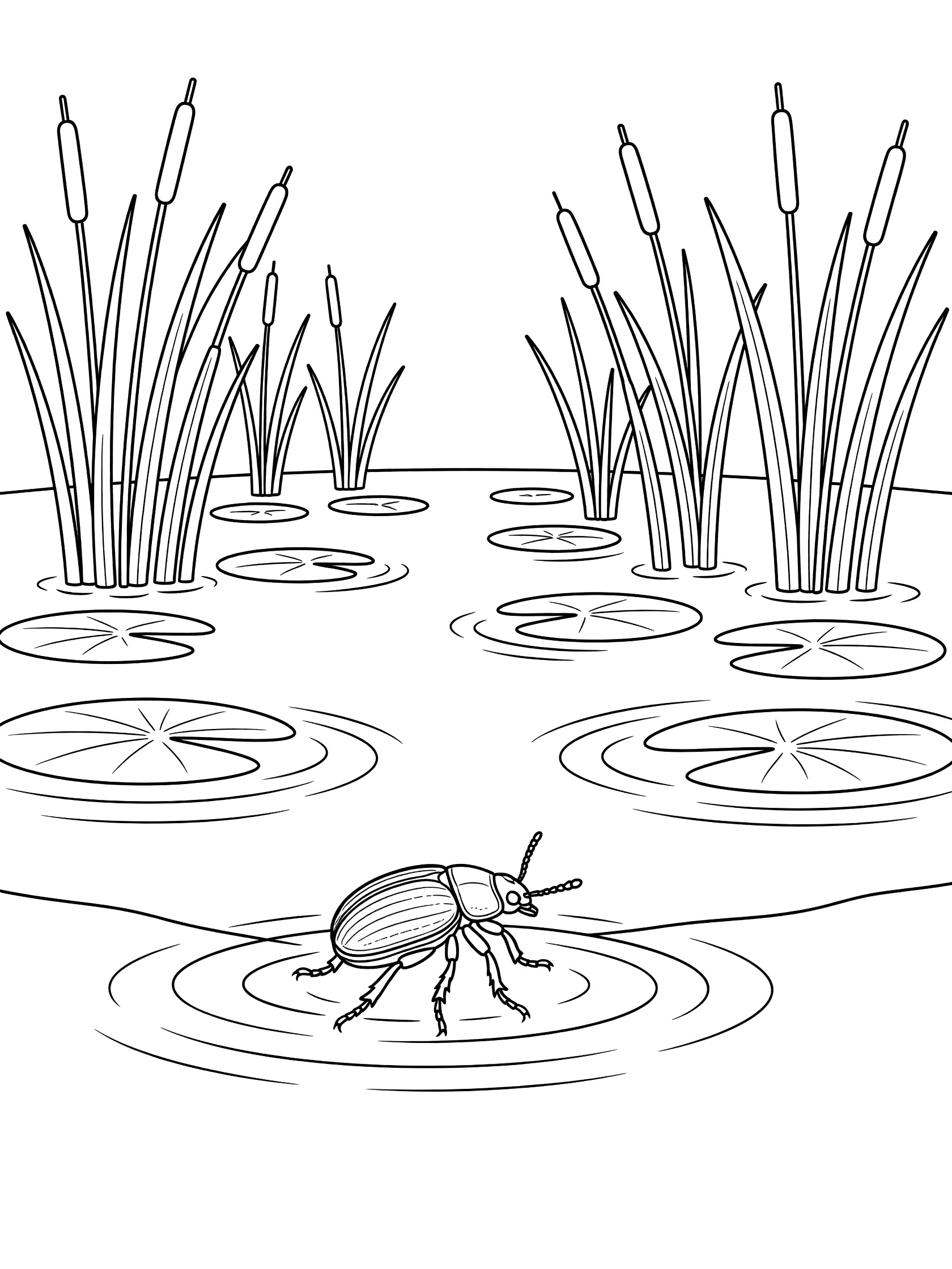 Black and white line art coloring page showing a beetle at the edge of a pond with lily pads, tall reeds, and simple ripples on the water.