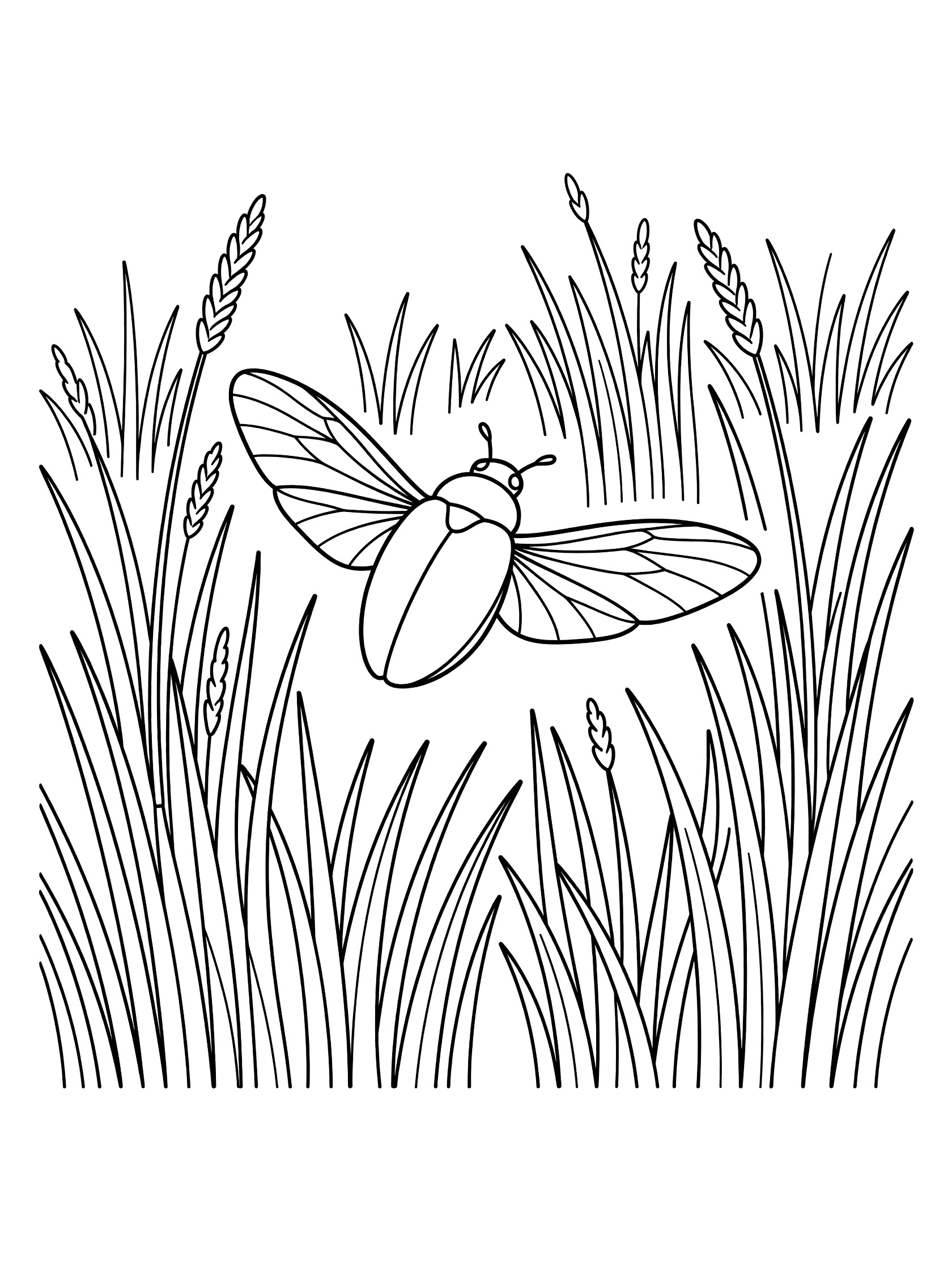 Black and white line art coloring page showing a beetle soaring with spread wings above tall grass blades in a meadow.