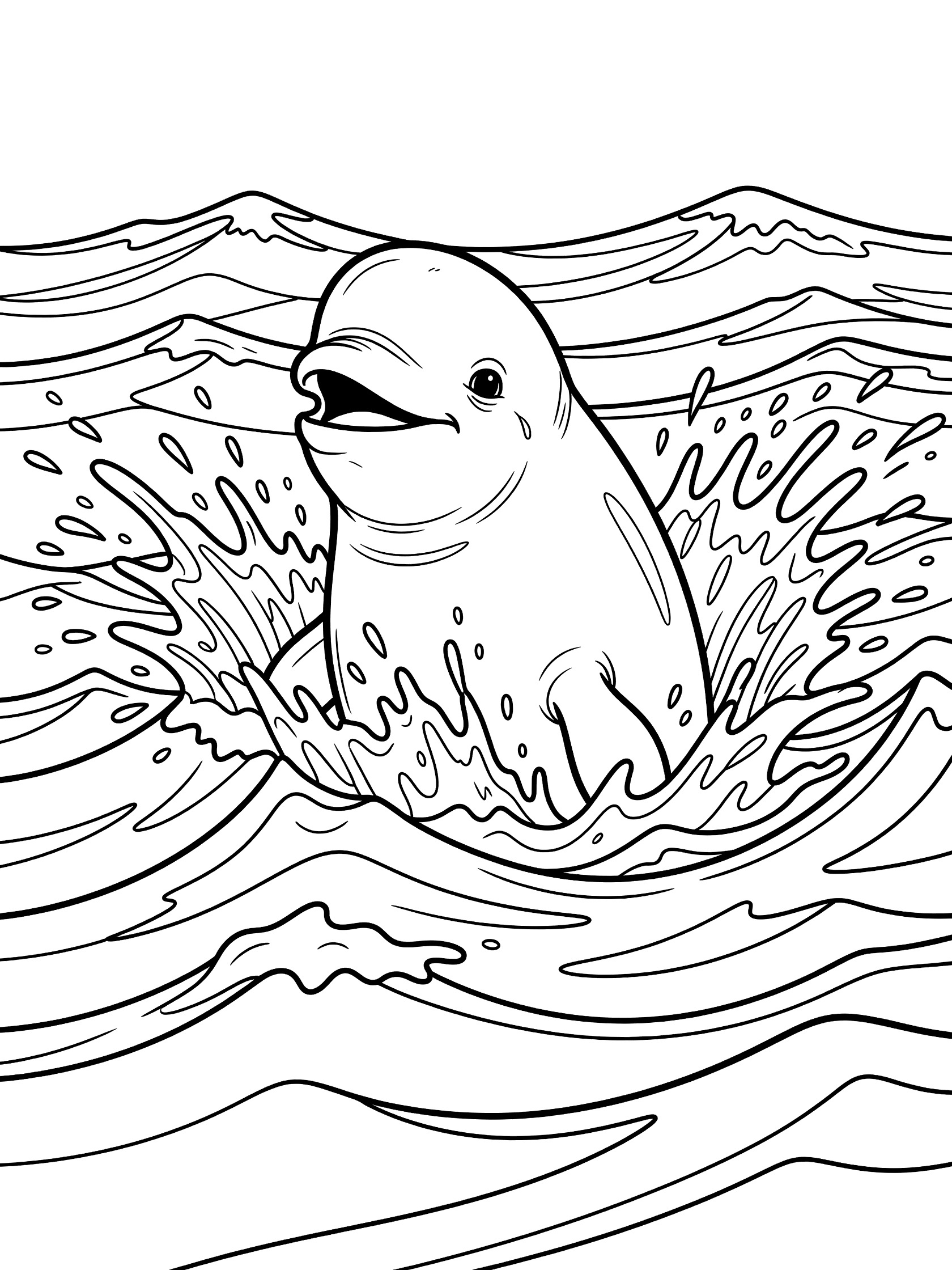 Black and white line art coloring page showing a beluga whale with head emerging from choppy waves, mouth open, surrounded by splashing water droplets.
