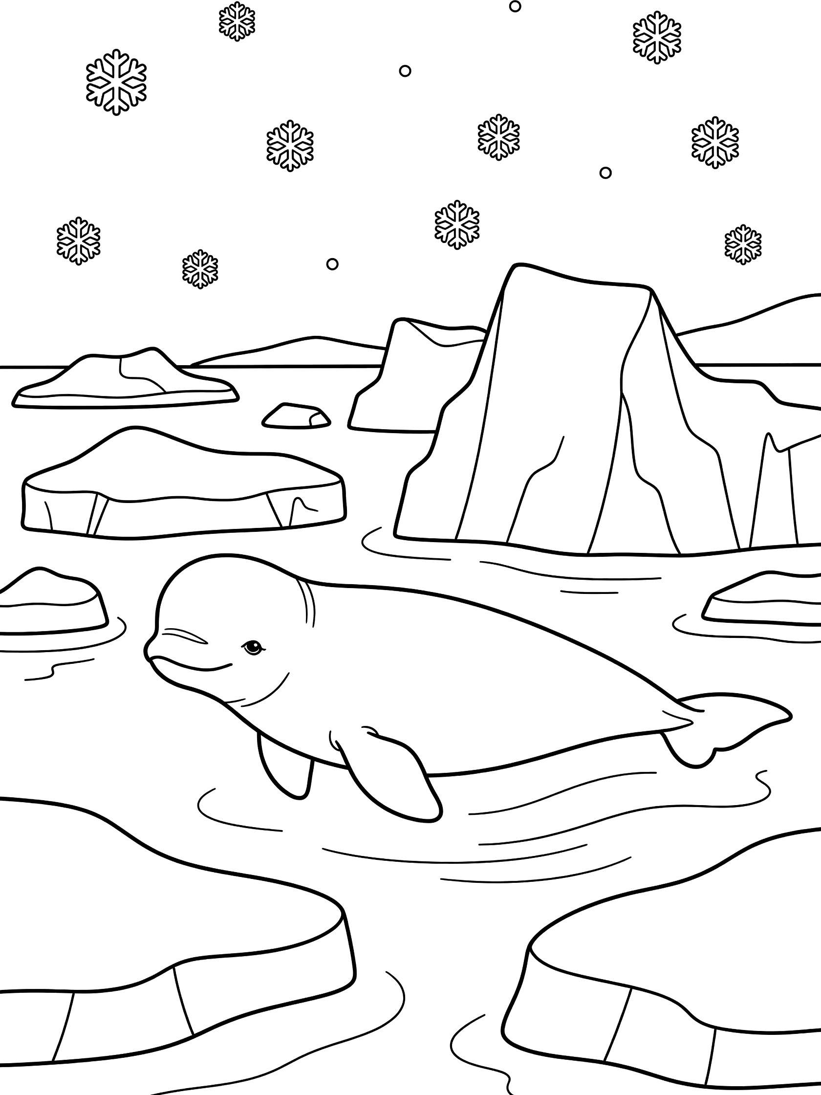 Black and white line art coloring page showing a beluga whale gliding through water with floating icebergs and snowflakes above.