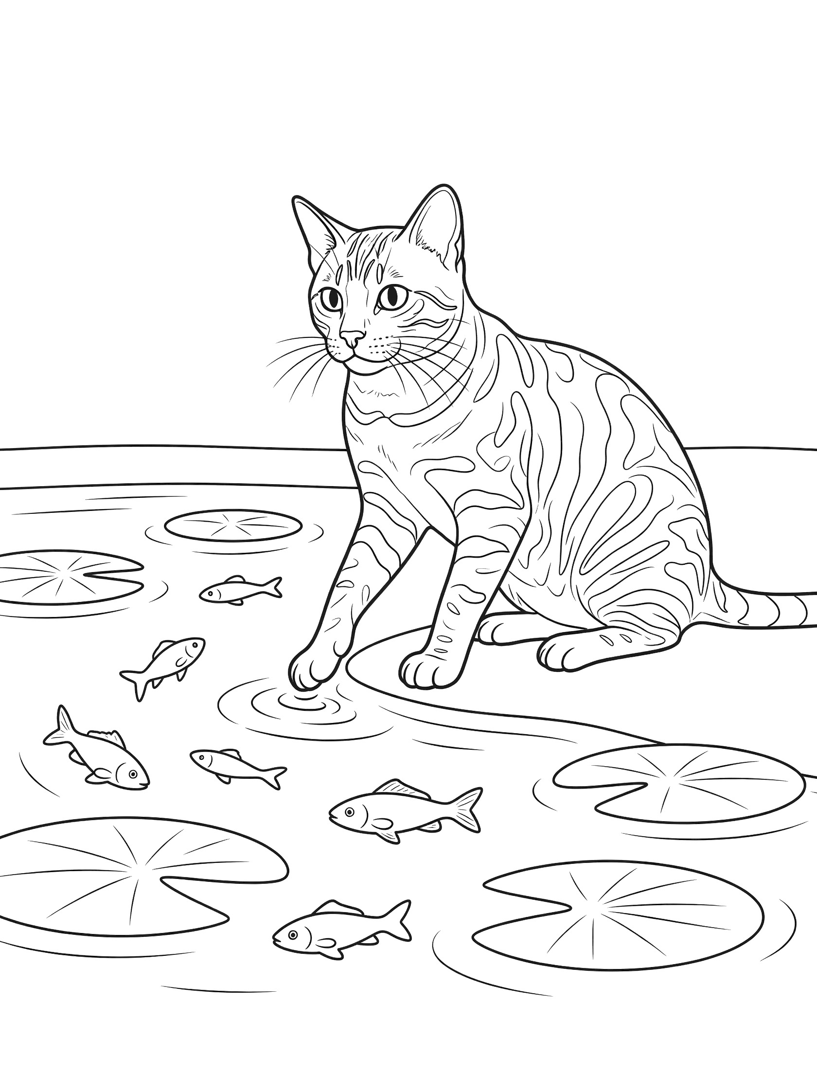 Printable coloring page showing a striped Bengal cat at the edge of a pond dipping paw toward swimming fish with lily pads, clean black line art. Bengal Cats themed black and white printable line art