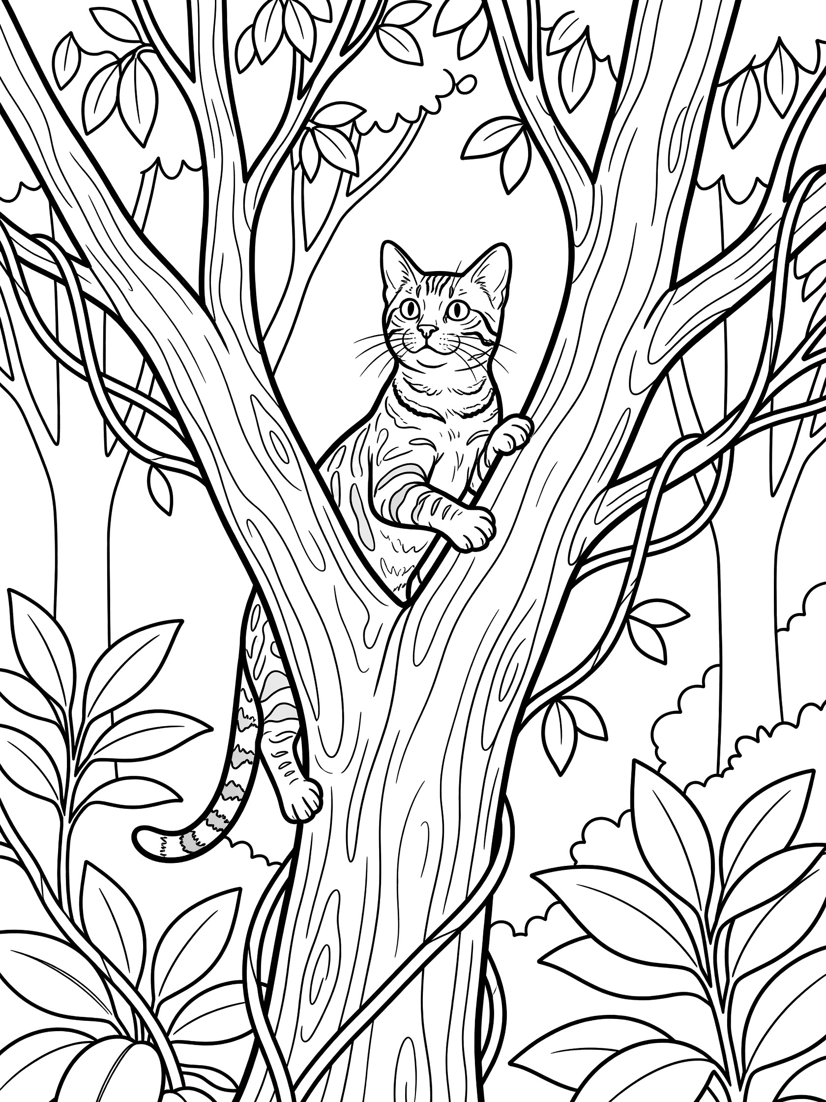 Black and white line art coloring page showing a Bengal cat gripping a tree branch with claws, looking up curiously amid jungle leaves and vines. Bengal Cats themed black and white printable line art