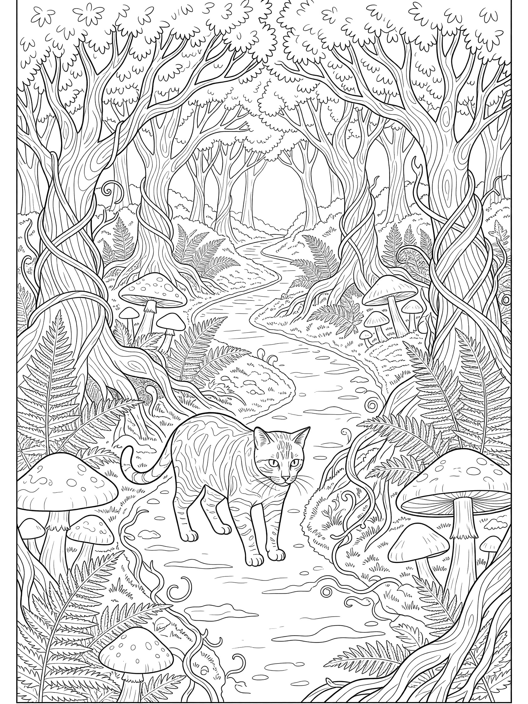 Black and white line art of a Bengal cat exploring a mystical forest path lined with oversized mushrooms, twisted trees, ferns, and vines, coloring book style. Bengal Cats themed black and white printable line art