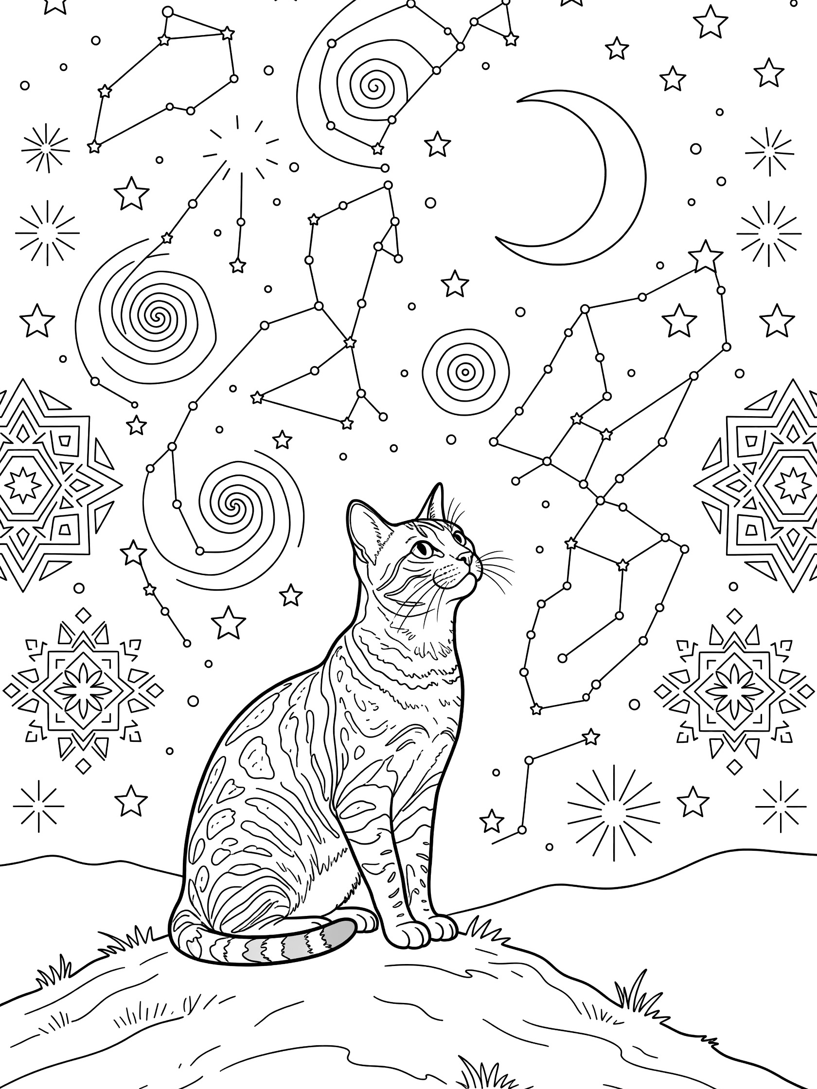 Black and white line art coloring page showing a detailed Bengal cat with spots sitting on a hilltop, looking up at a night sky filled with stars, swirling patterns, geometric designs, and a crescent moon. Bengal Cats themed black and white printable line art