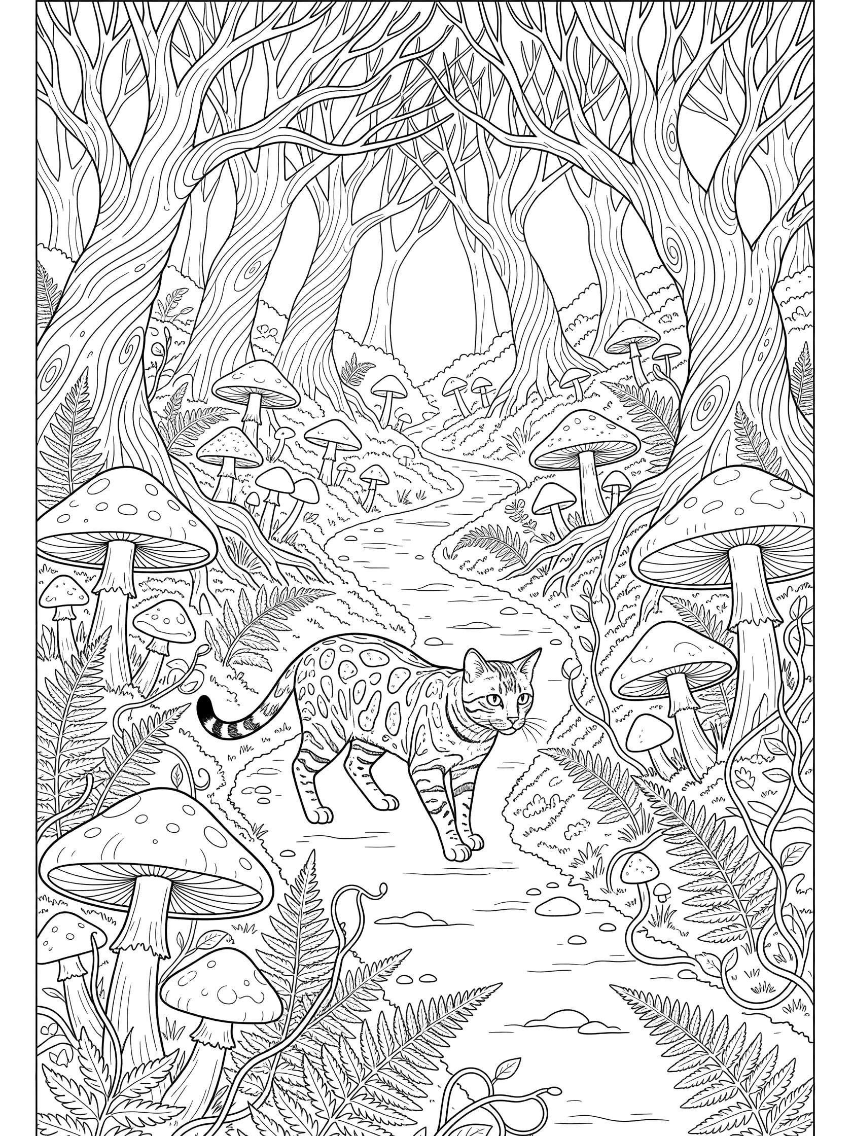Black and white line art coloring page showing a sleek Bengal cat with spots exploring a mystical forest path lined with oversized mushrooms, twisted trees, ferns and vines. Bengal Cats themed black and white printable line art