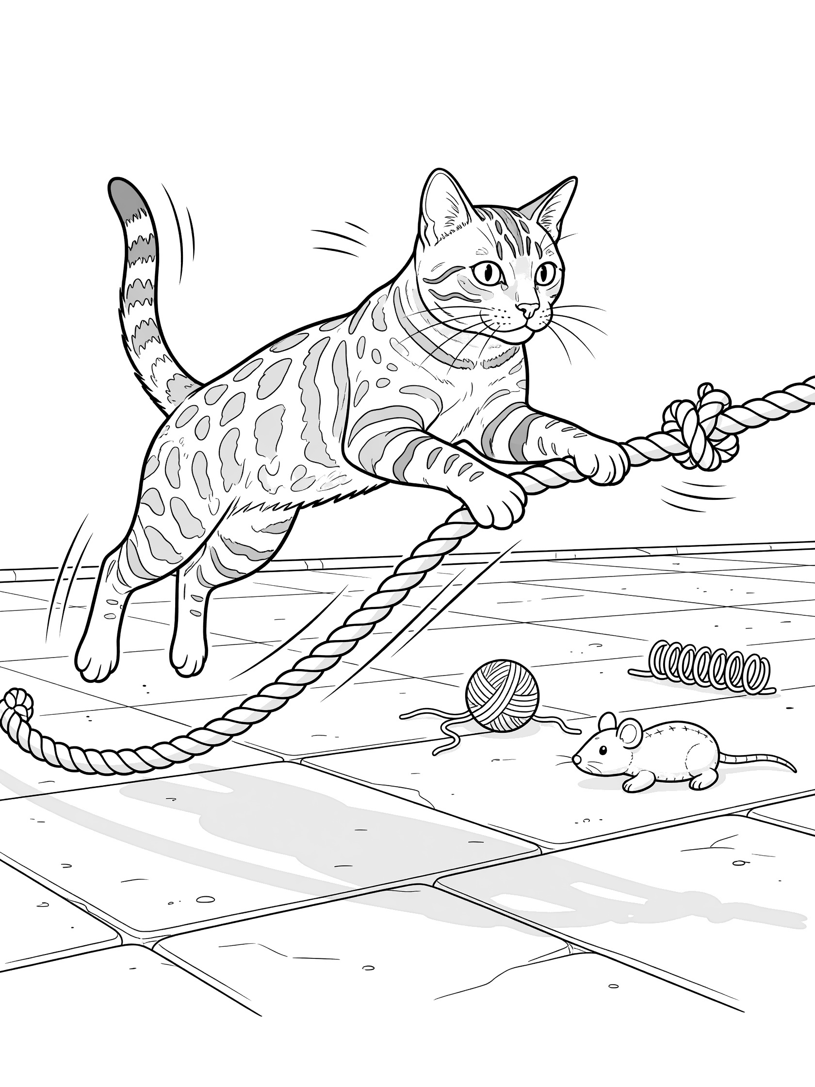 Black and white line art of a Bengal cat energetically jumping rope held in its paws, with motion lines, yarn ball, toy mouse, and spring toy on a sunny patio coloring page. Bengal Cats themed black and white printable line art