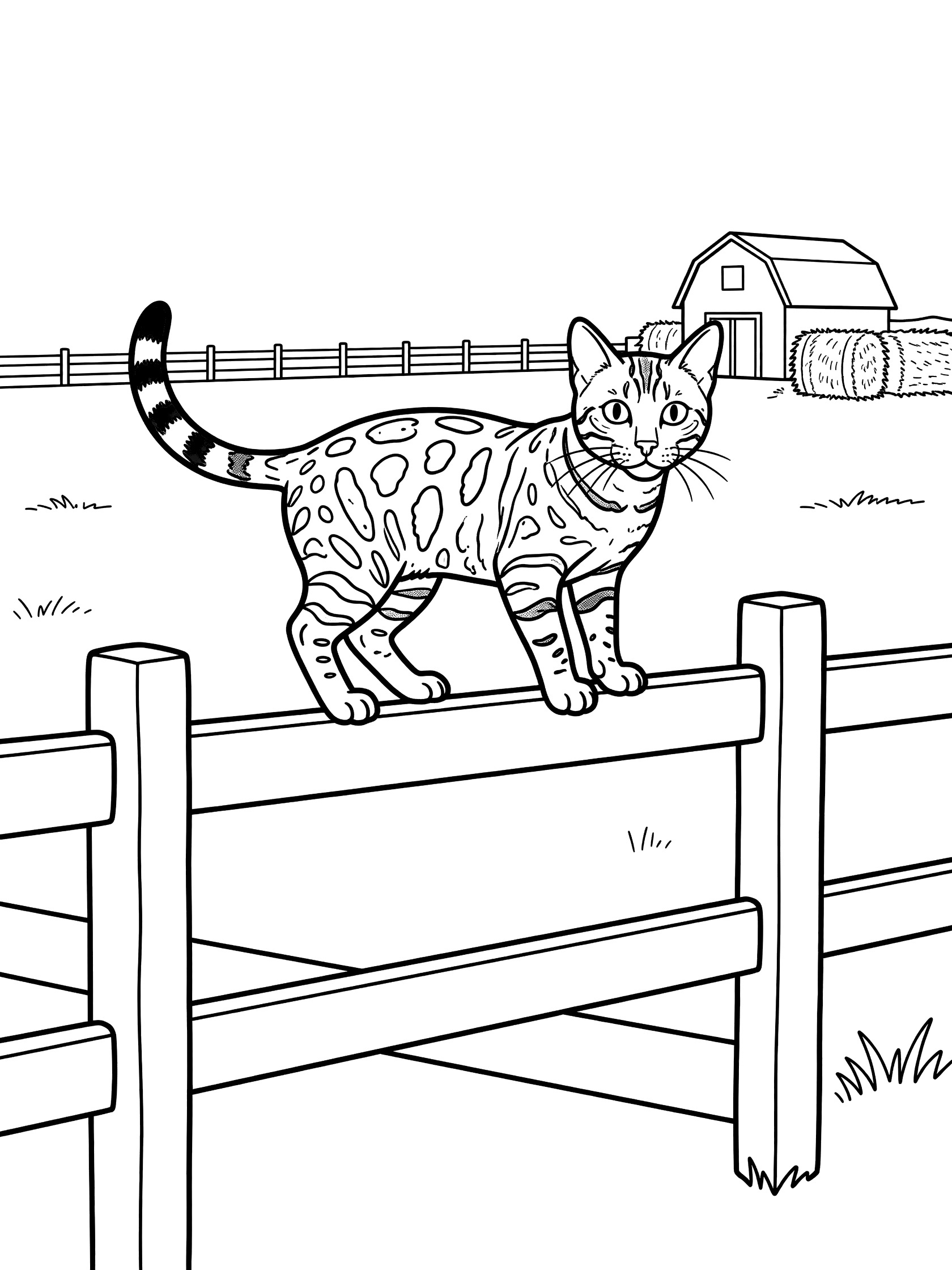 Black and white line art coloring page showing a Bengal cat with spots and stripes balancing on a wooden farm fence, tail swaying, eyes looking at distant barn and hay bales. Bengal Cats themed black and white printable line art