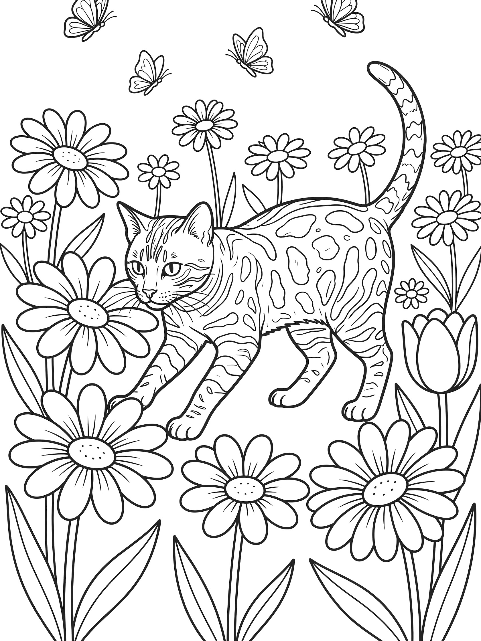 Black and white line art coloring page showing a Bengal cat with spots rubbing against daisies, sniffing flowers, and butterflies flying around in a simple field scene. Bengal Cats themed black and white printable line art