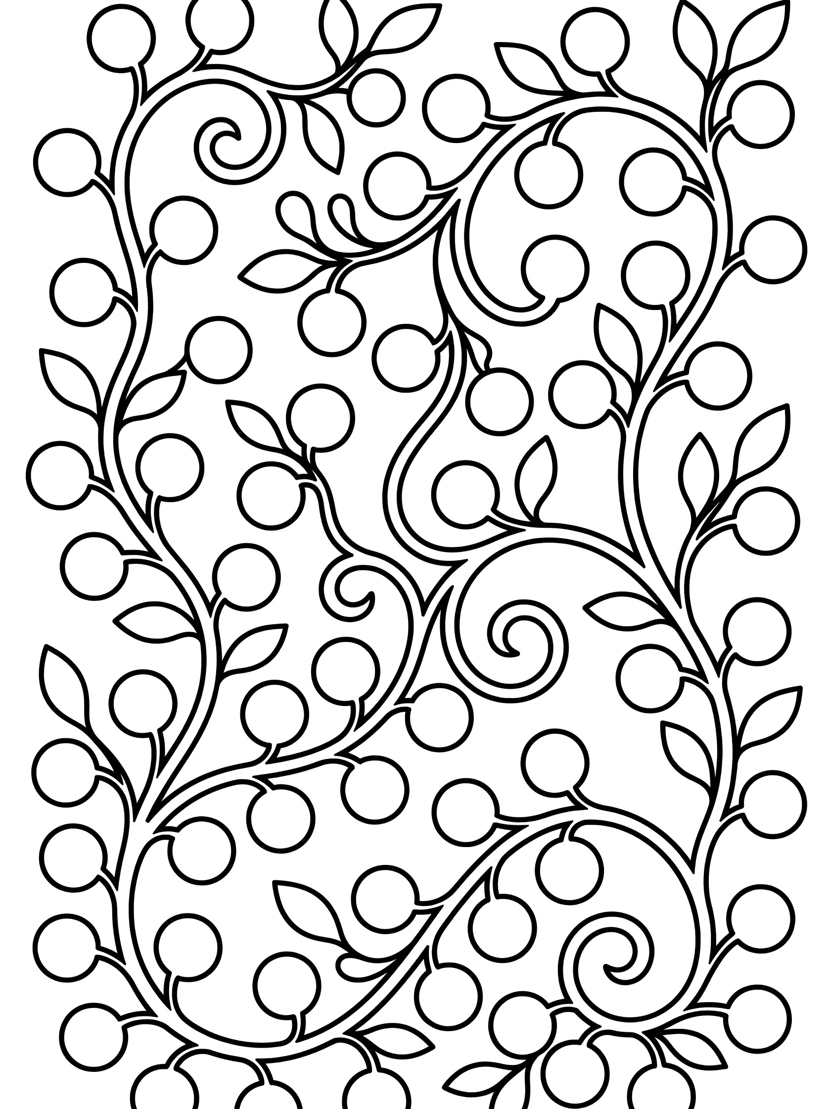 Black and white line art coloring page of twisting vines with leaves and round berries covering the page. Diva themed black and white printable line art