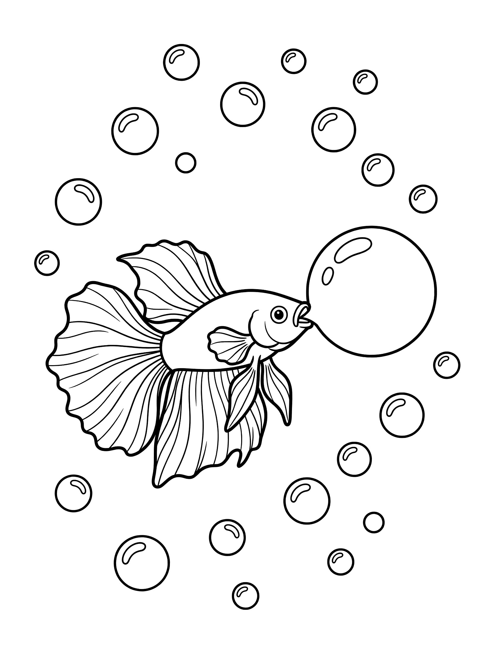 Black and white line art coloring page showing a betta fish with flowing fins blowing a large bubble, surrounded by small bubbles on a white background.