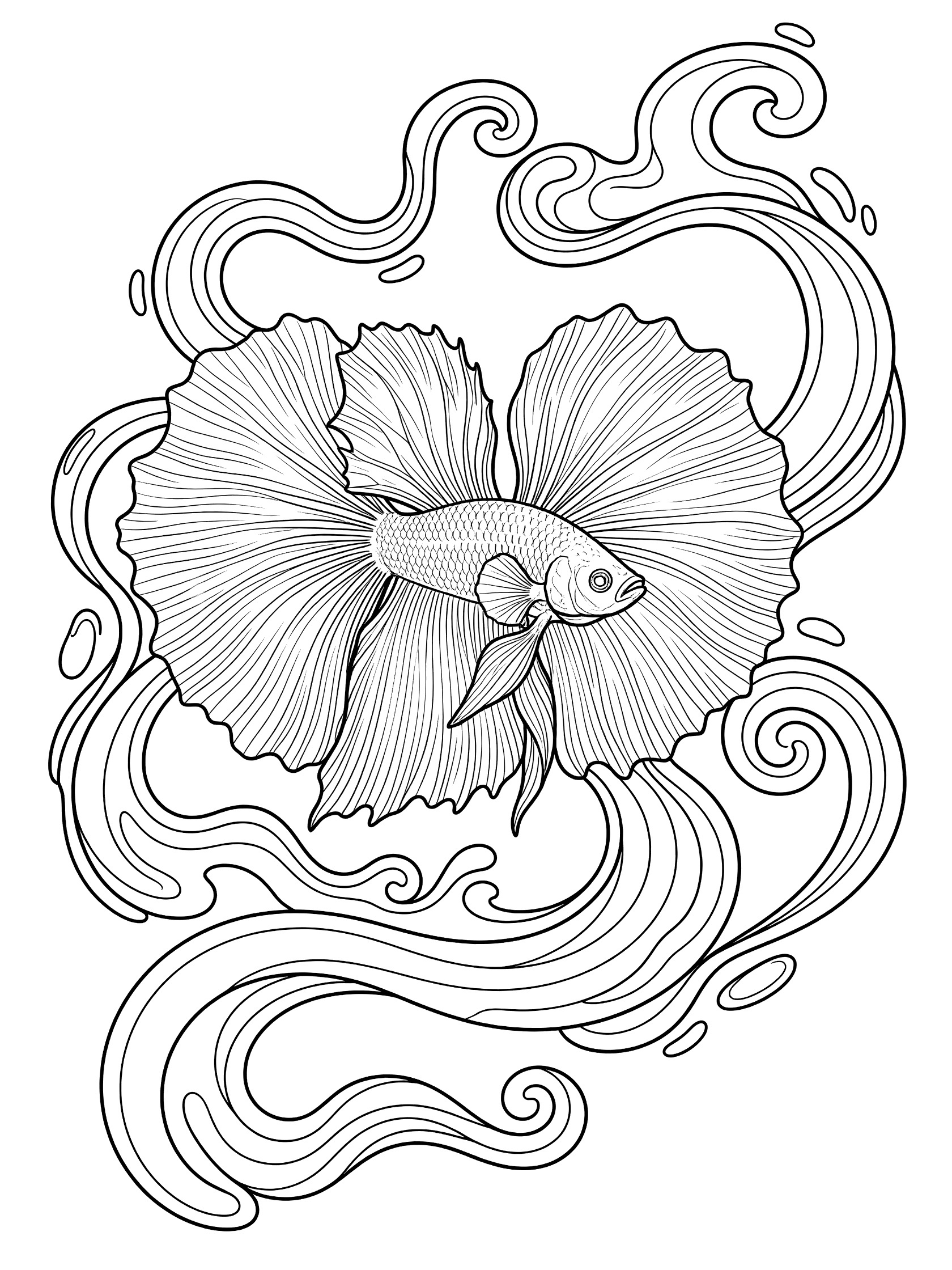 Black and white line art of a betta fish with flared fins and swirling water currents on a white background