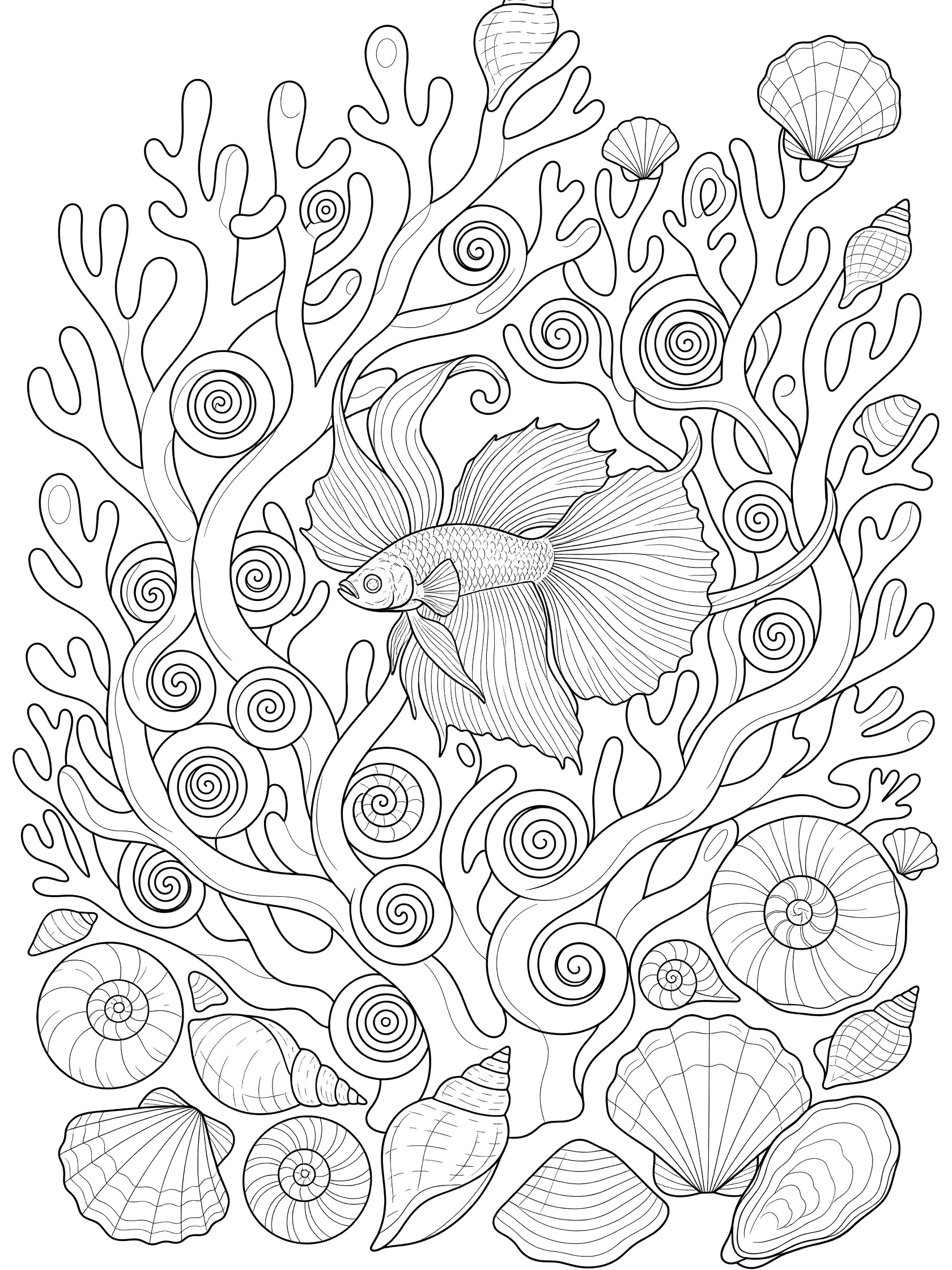 Black and white coloring page of a betta fish with flowing fins weaving through coral branches and seashells on a white background