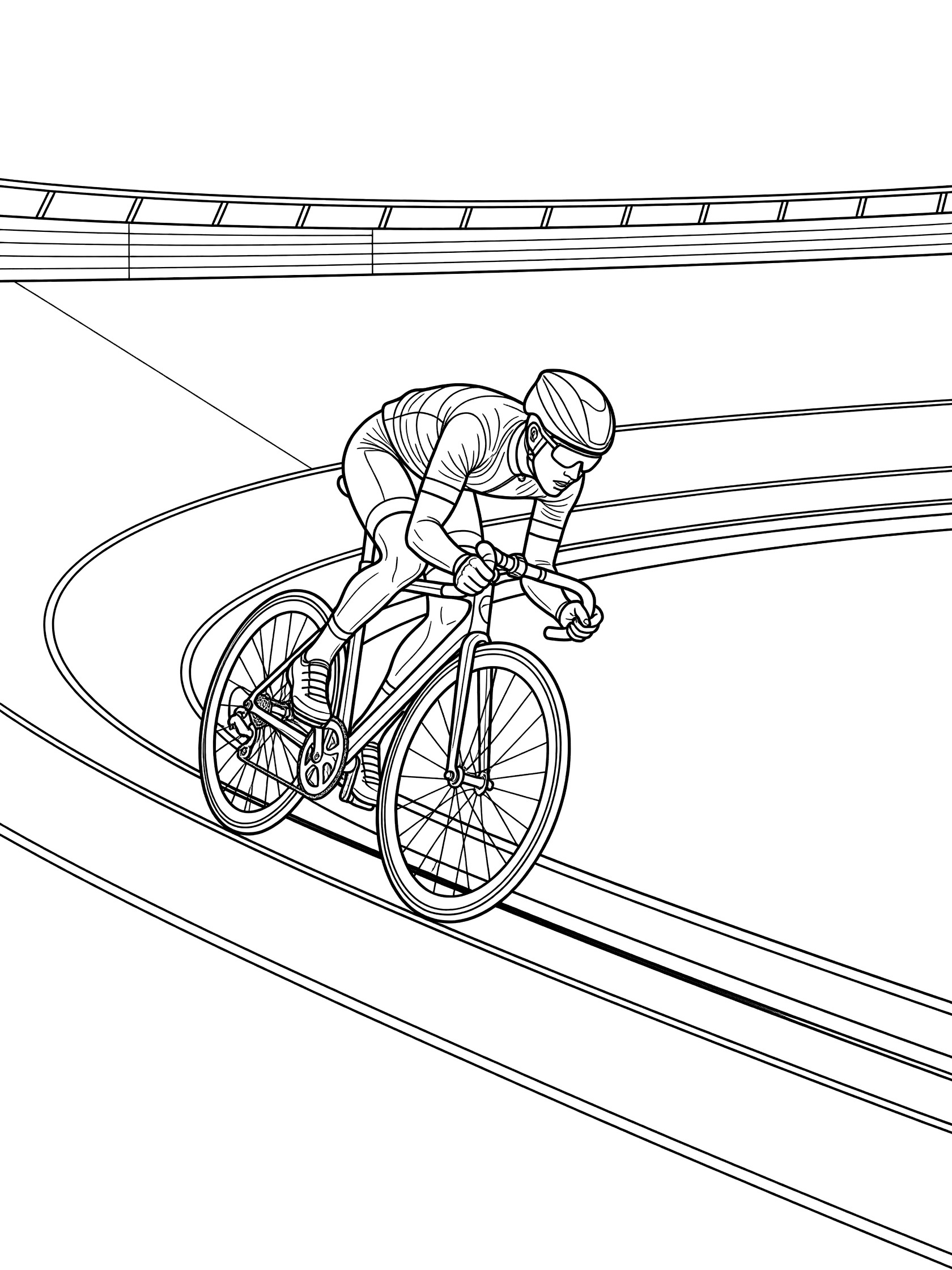 Black and white coloring page of a cyclist in aerodynamic position racing a bicycle on a curved velodrome track with railing and lane markers.