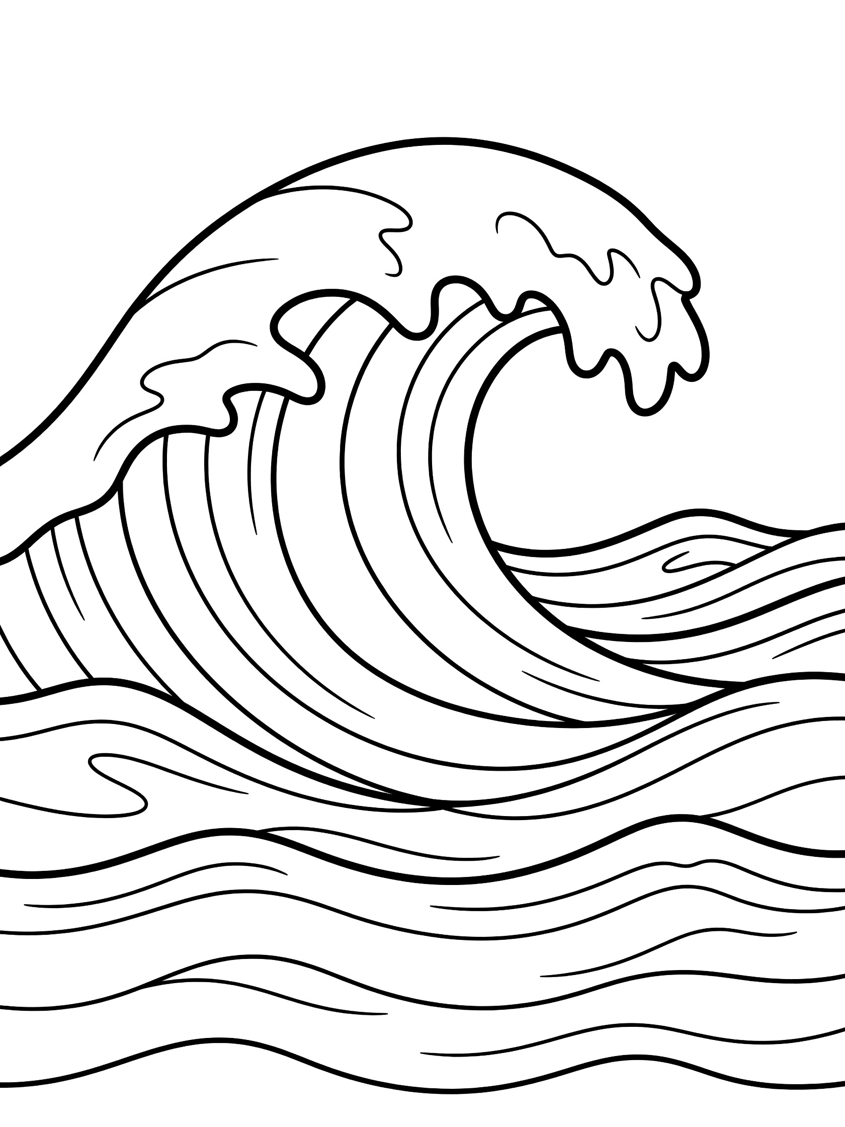 Black and white line art coloring page showing a massive curling ocean wave rising high with foam at the top and gentle ripples on the sea surface below. Tsunami themed black and white printable line art