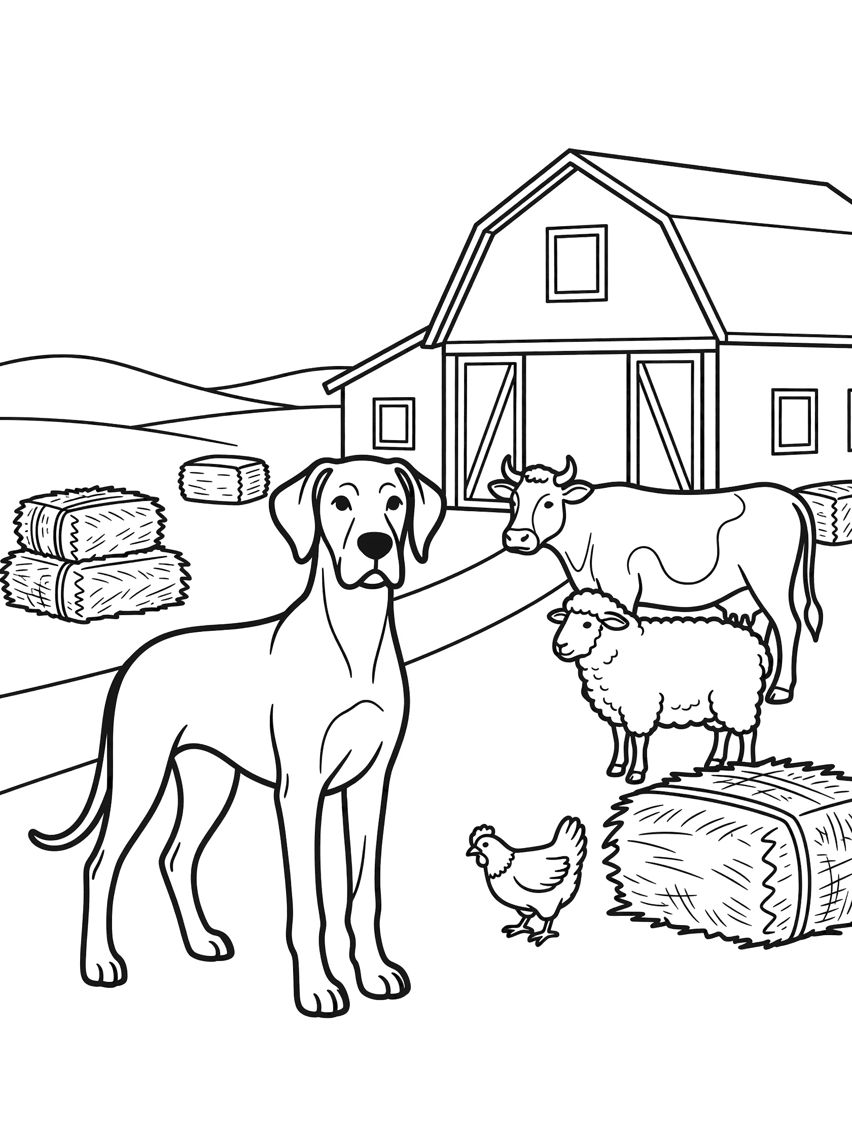 Black and white line art coloring page of a tall Great Dane dog on a farmyard with barn, cow, sheep, chicken, and hay bales.
