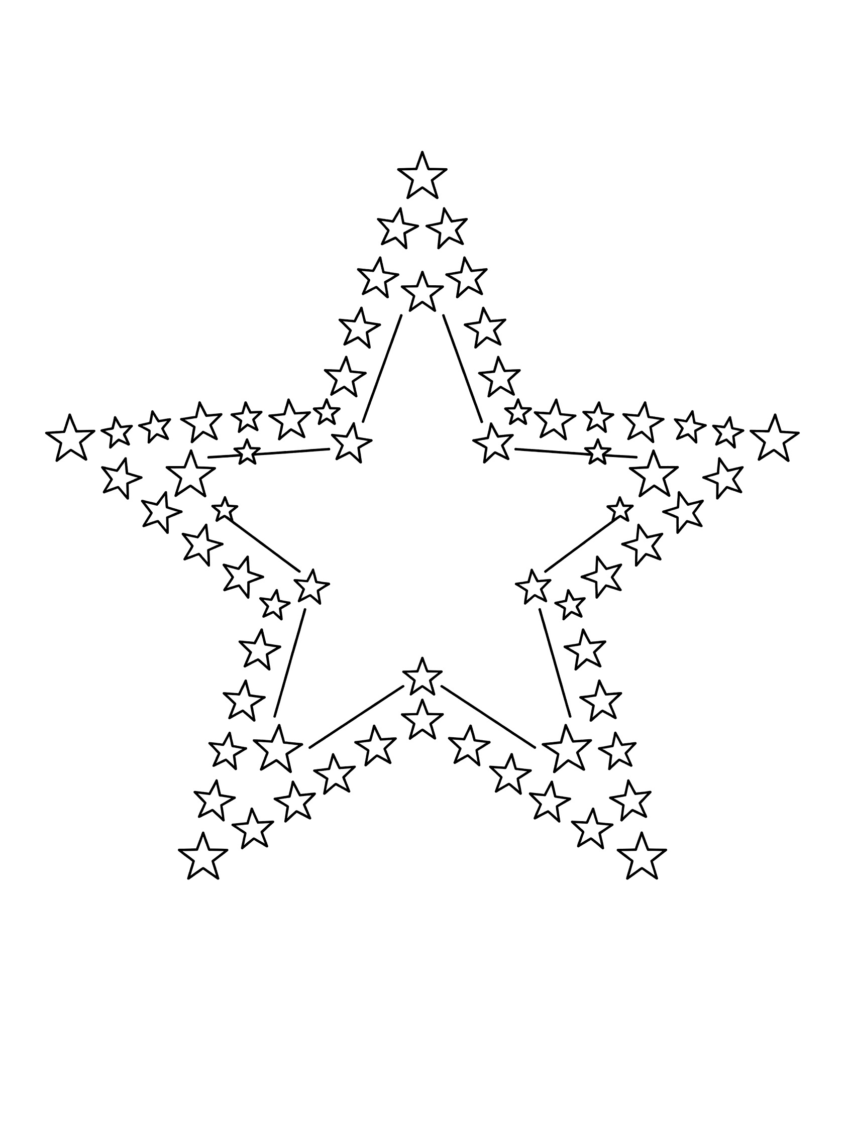 Black and white line art coloring page showing a big star shape outlined and filled with dozens of tiny stars in a geometric pattern.
