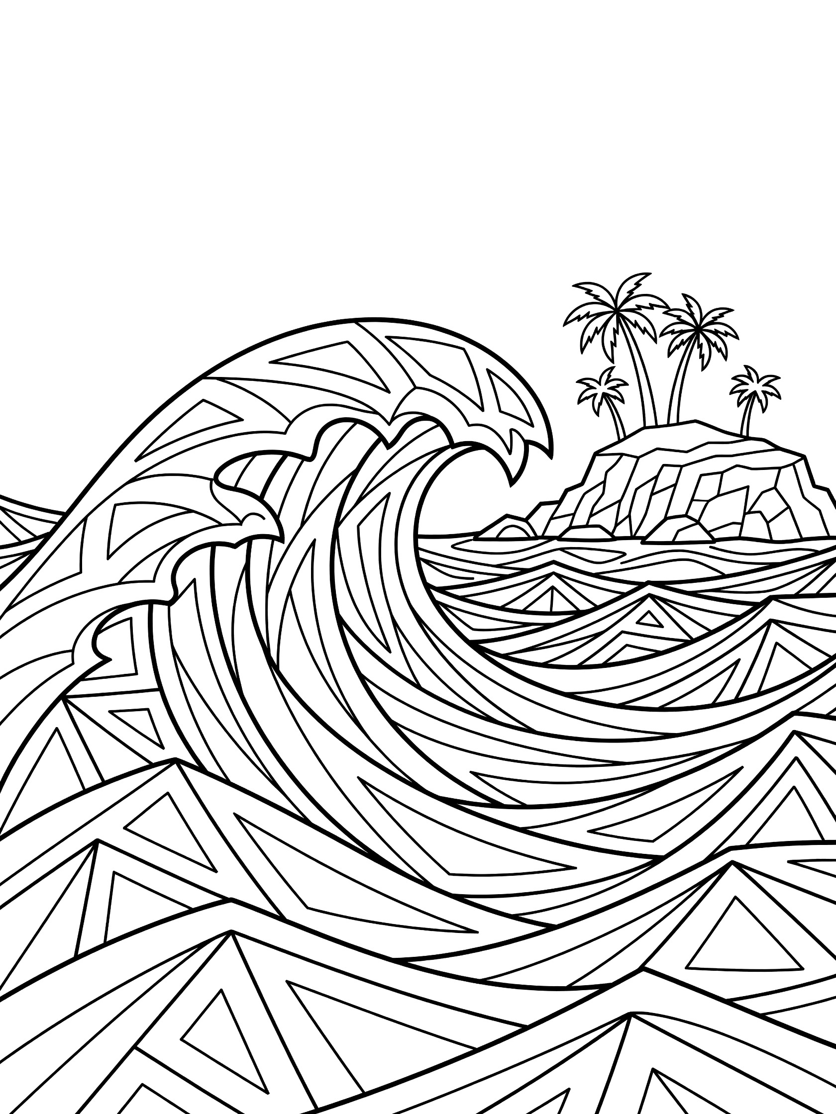 Black and white line art coloring page showing a large patterned tsunami wave nearing a small island with triangle palm trees on rocky base and layered ocean waves.