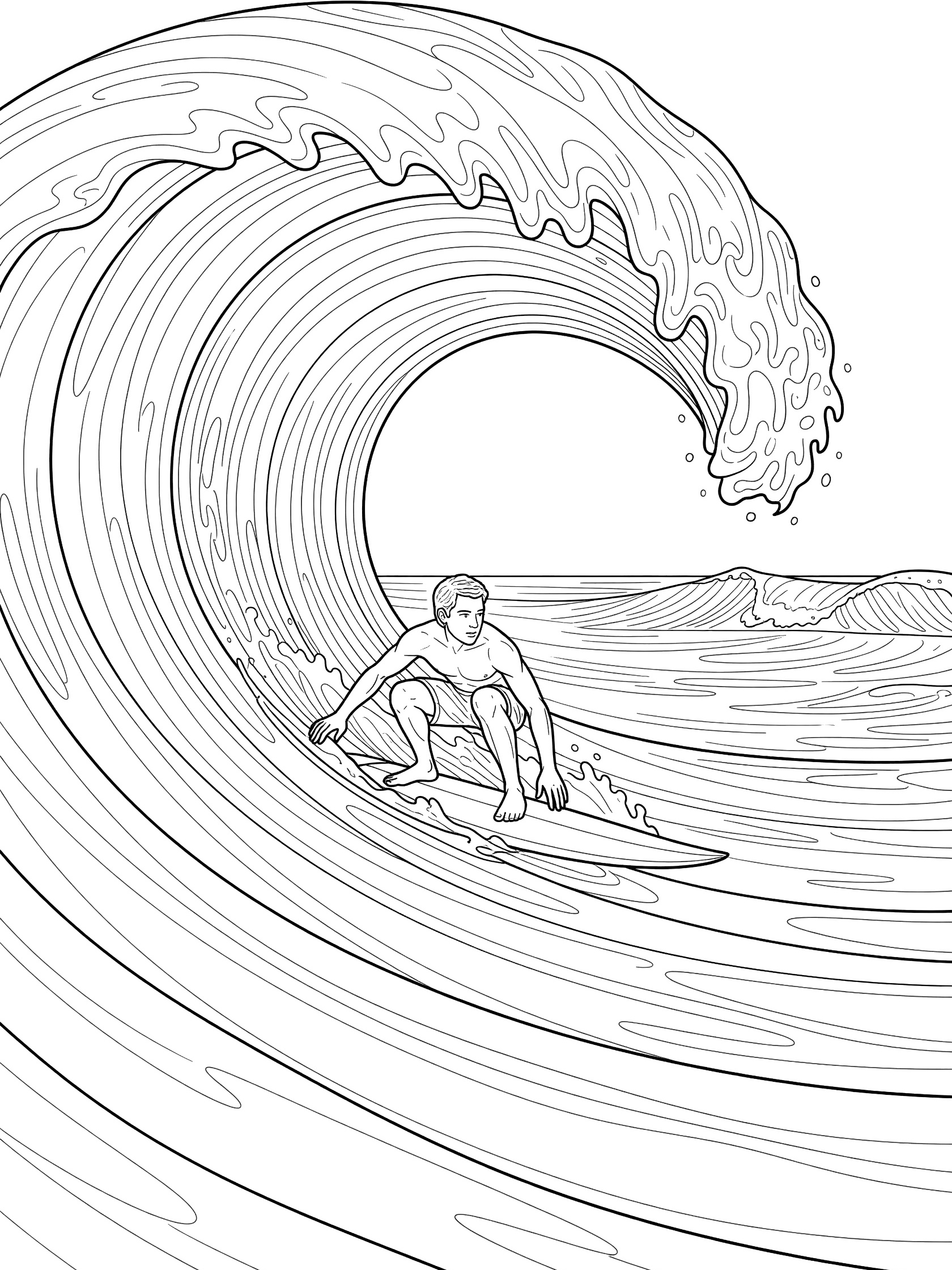 Black and white coloring page showing a surfer in a big wave surfing barrel ride, crouched with hands on surfboard inside the huge curling tube wave.