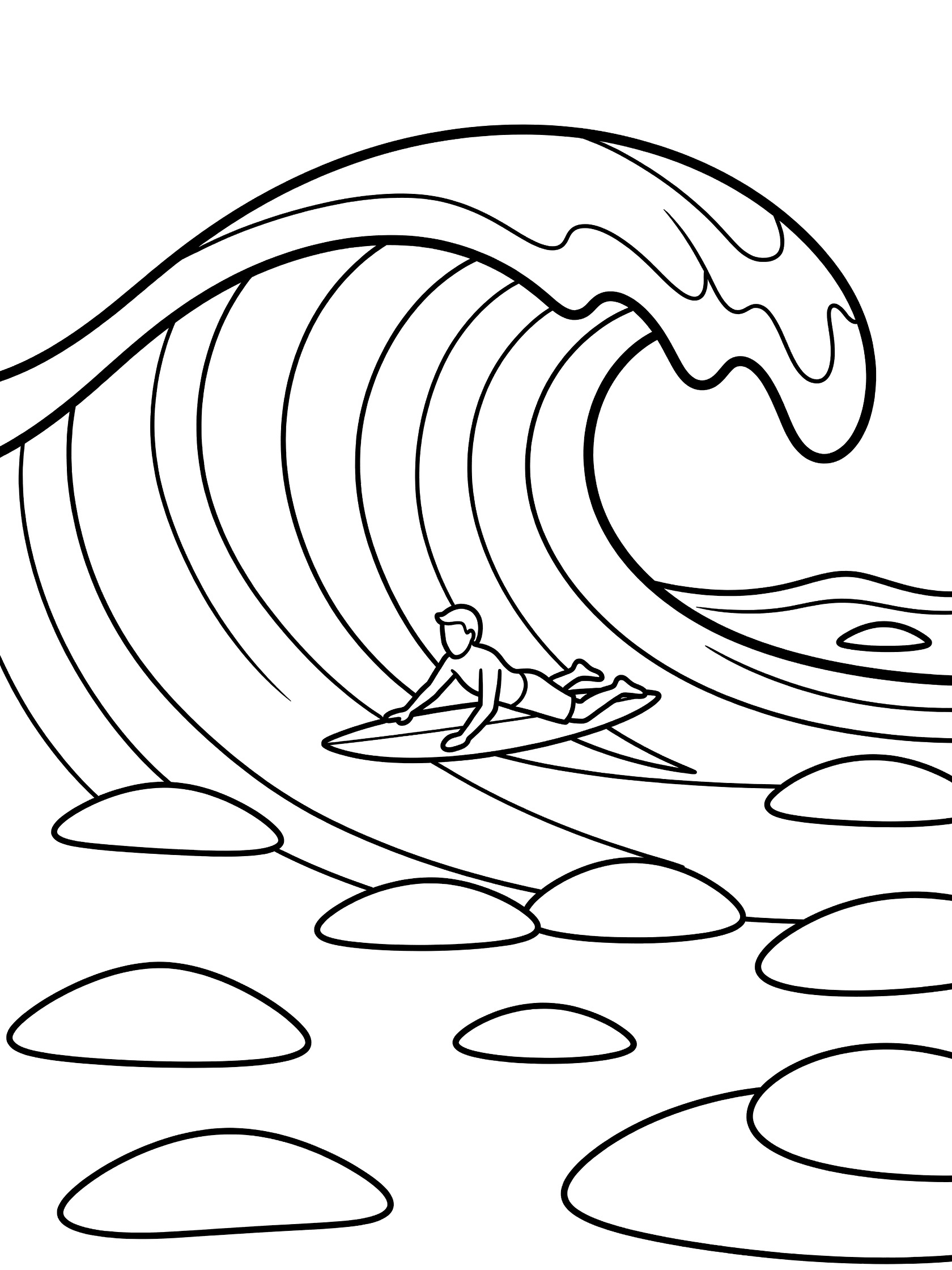 Black and white line art of a surfer on a surfboard chasing a big cresting wave with smaller waves in the ocean foreground