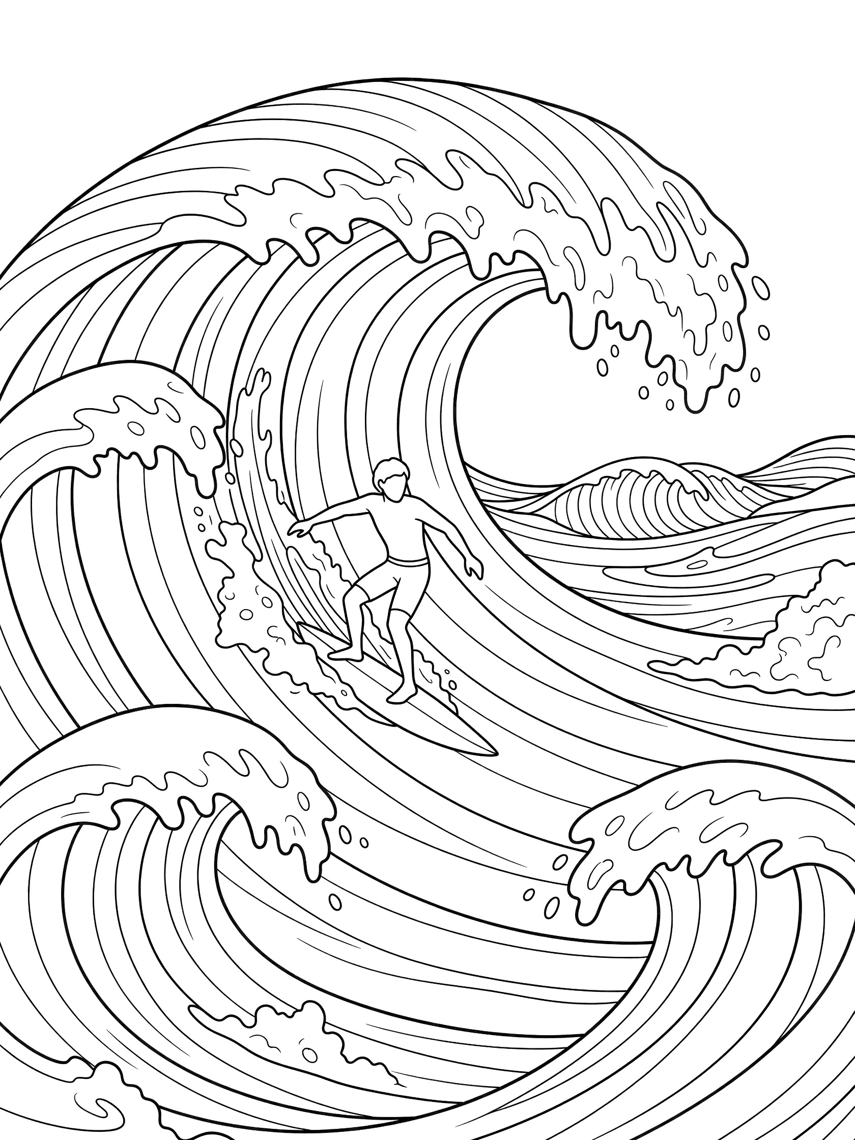 Black and white line art coloring page showing a surfer dropping straight down the face of a towering wave on a surfboard with giant waves and foam around.