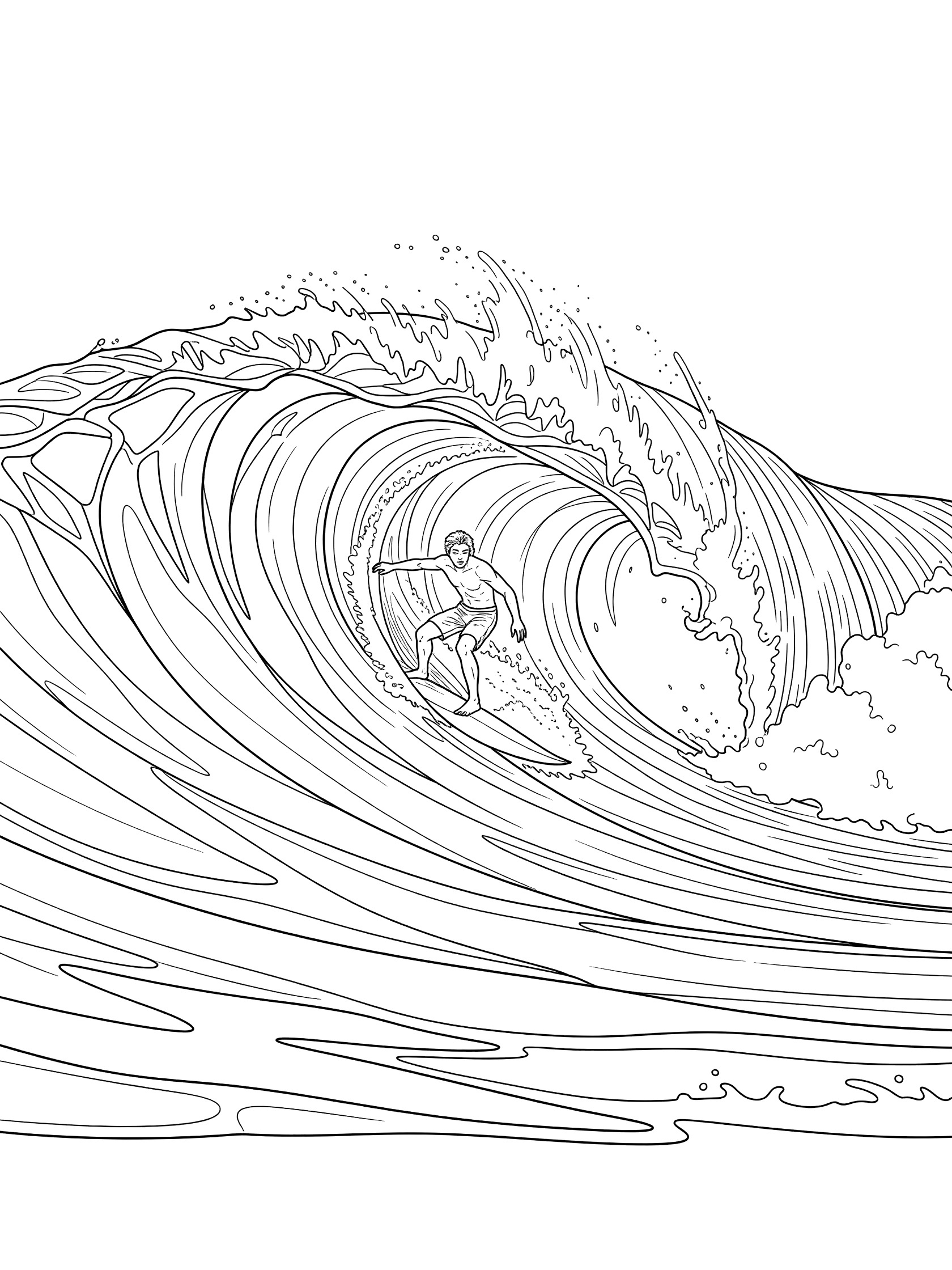 Black and white line art of a surfer performing a cutback on a massive wave in big wave surfing style