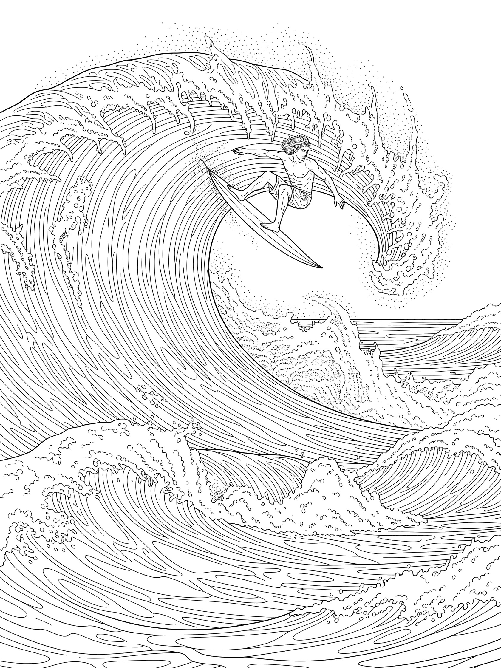 Black and white line art coloring page showing a surfer soaring high off the lip of a massive wave with board arched in mid-air over foaming ocean below.