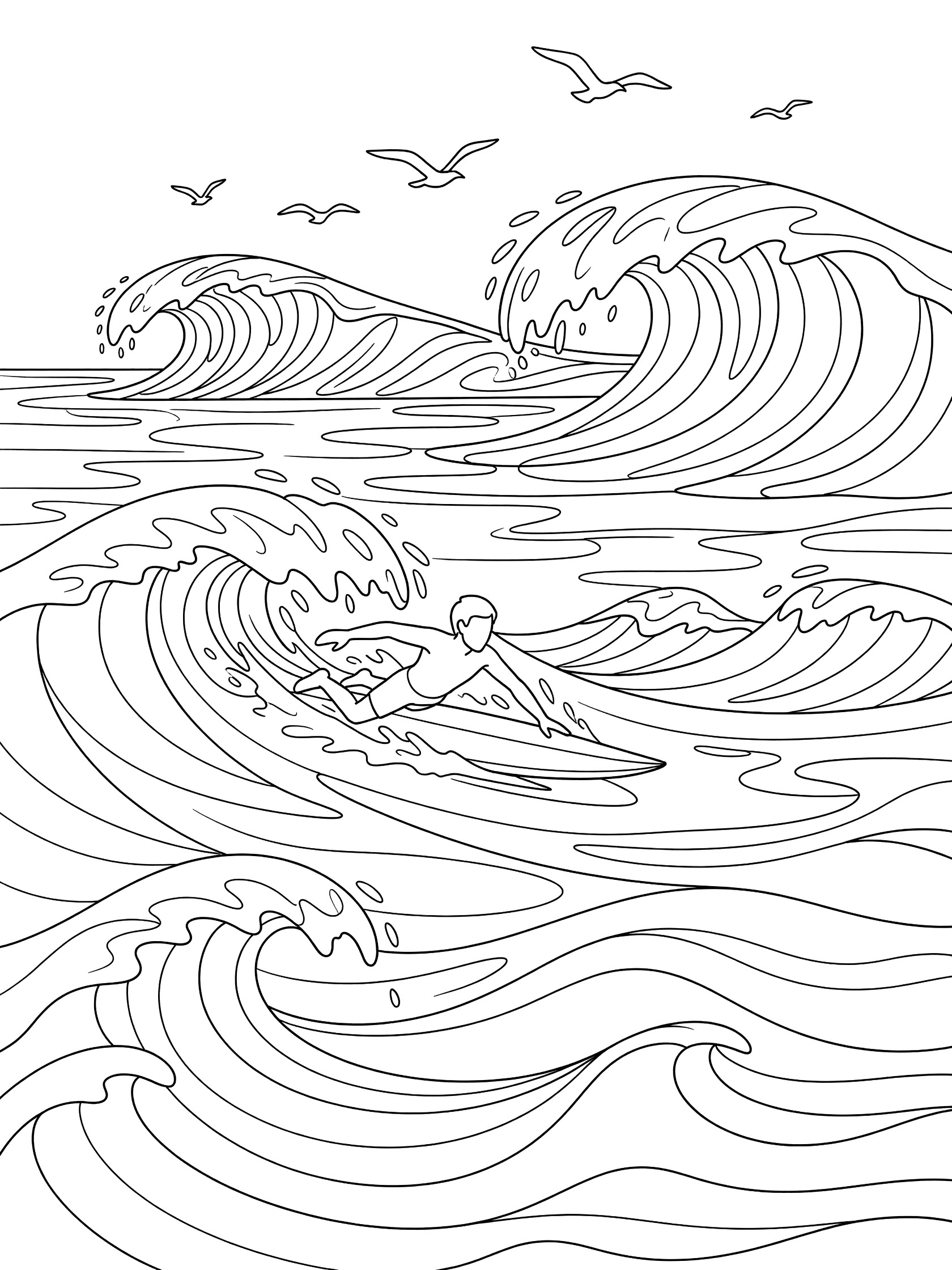 Black and white line art coloring page showing a surfer paddling energetically on a surfboard through smaller incoming waves toward a massive wave set, with seabirds circling overhead.