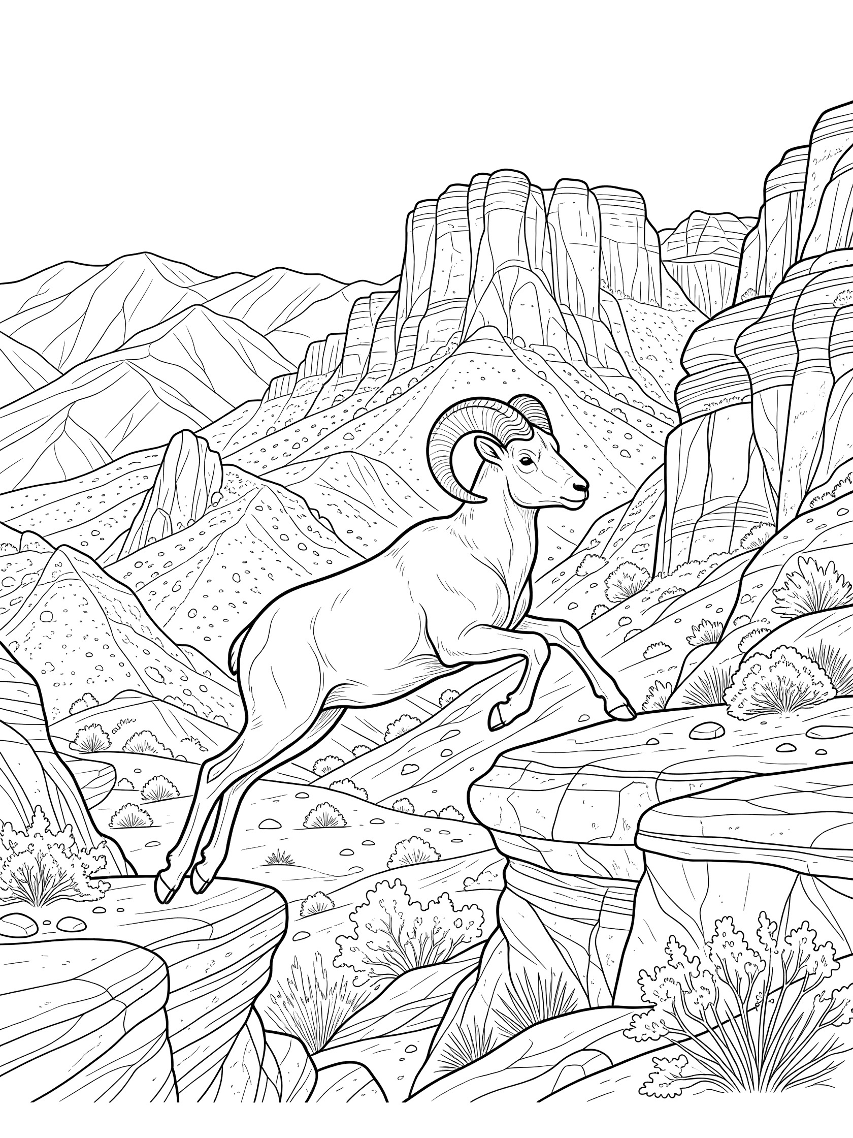 Black and white line art coloring page showing a bighorn sheep jumping over cliffs in Death Valley with layered rock faces and desert vegetation.