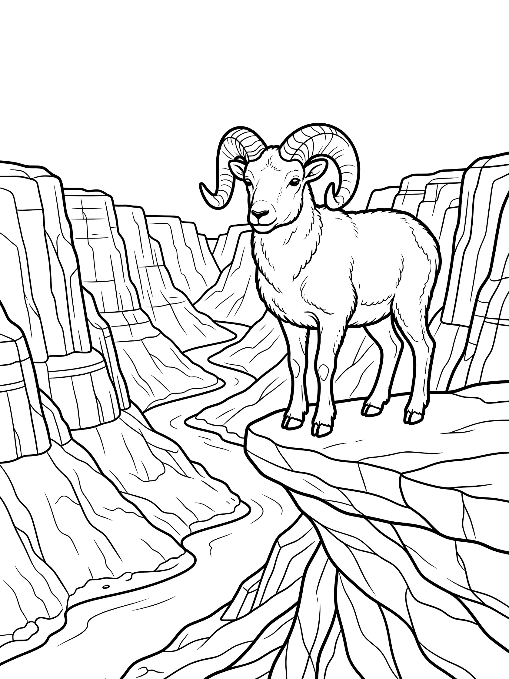 Black and white coloring page of a bighorn sheep with curved horns on a cliff above a canyon with steep walls and a river below. Hells Canyon themed black and white printable line art