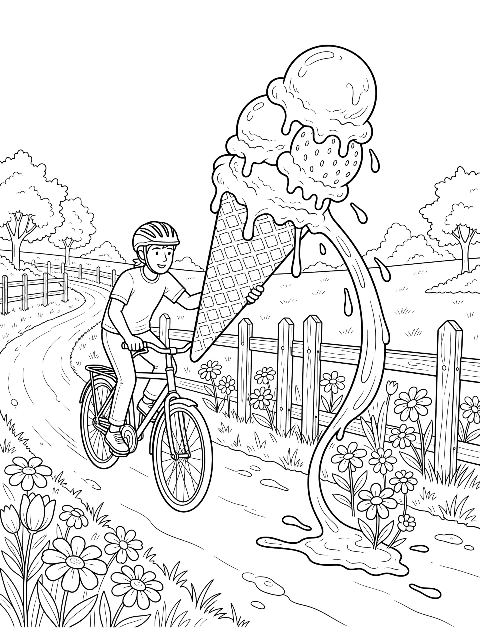 Line art coloring page showing a cyclist in a helmet riding a bike on a path, holding a tall ice cream cone with multiple leaning scoops melting and dripping towards flowers by a fence.