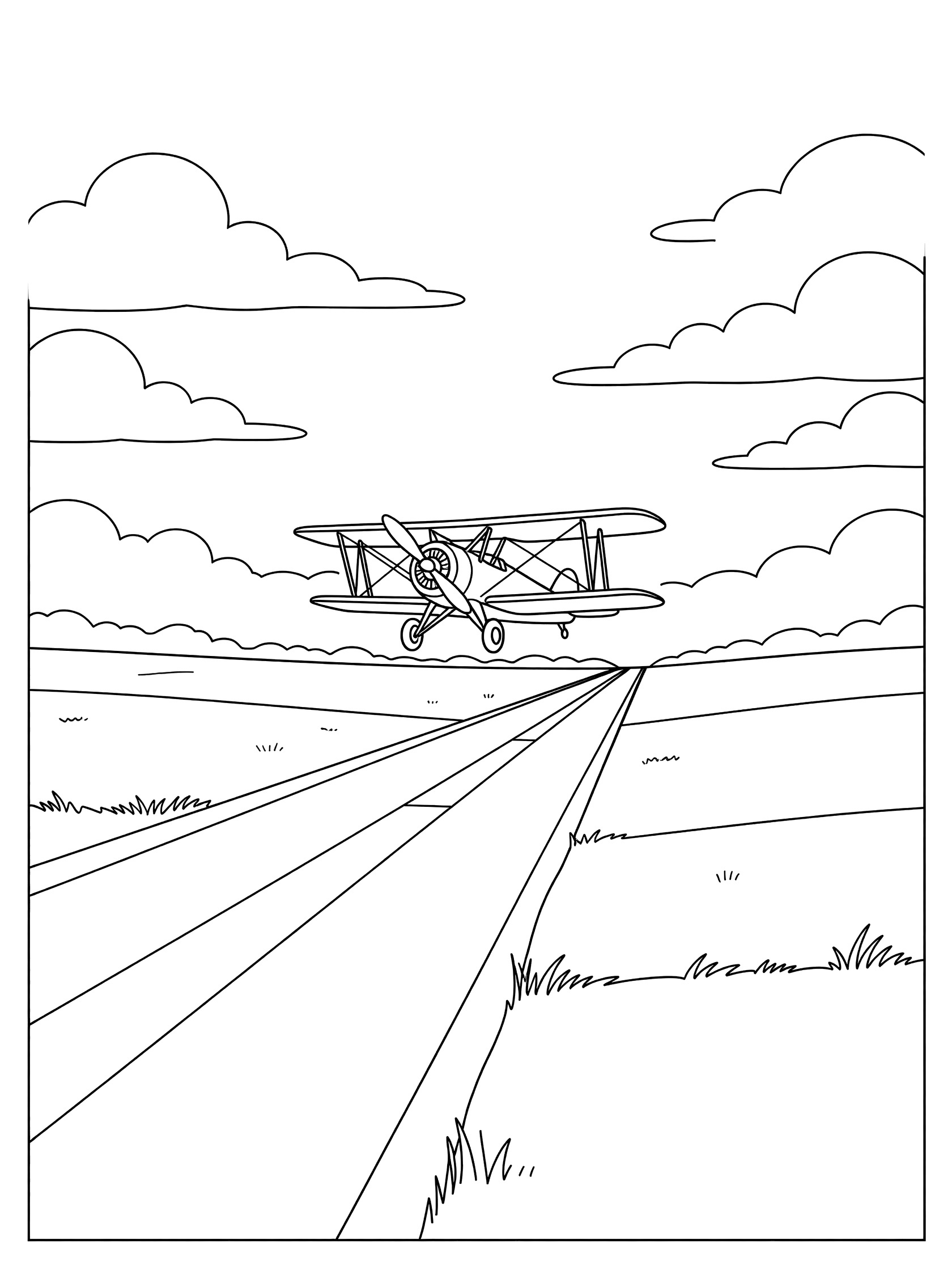 Line art coloring page showing a biplane taking off from a striped runway, wheels up, with fluffy clouds above and grass on sides.