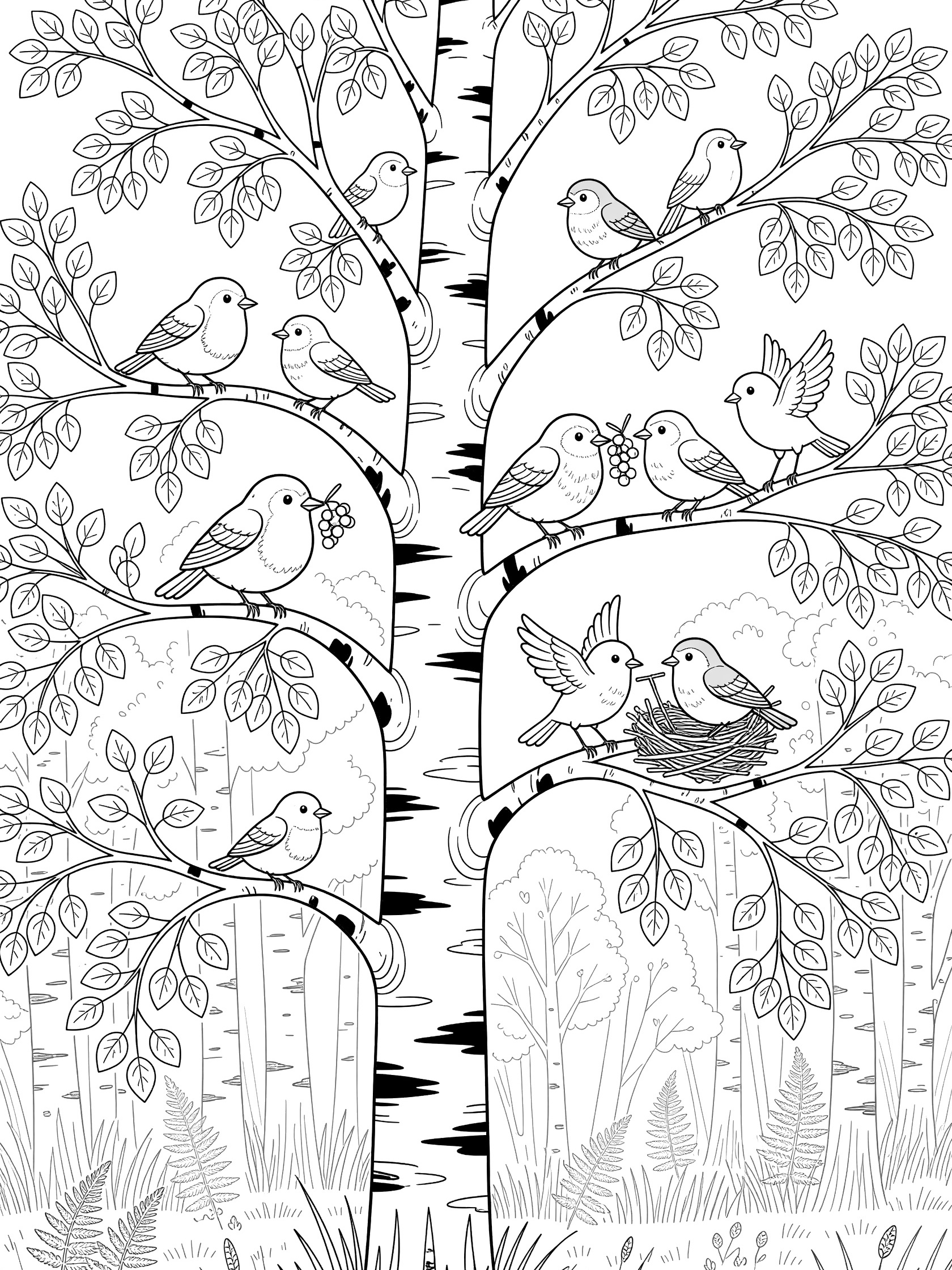 Detailed line art coloring page showing a cartoon birch tree with black markings on white bark, branches with leaves, several birds perched and flying, one bird with berries, birds holding twigs, a nest, grass, and ferns.