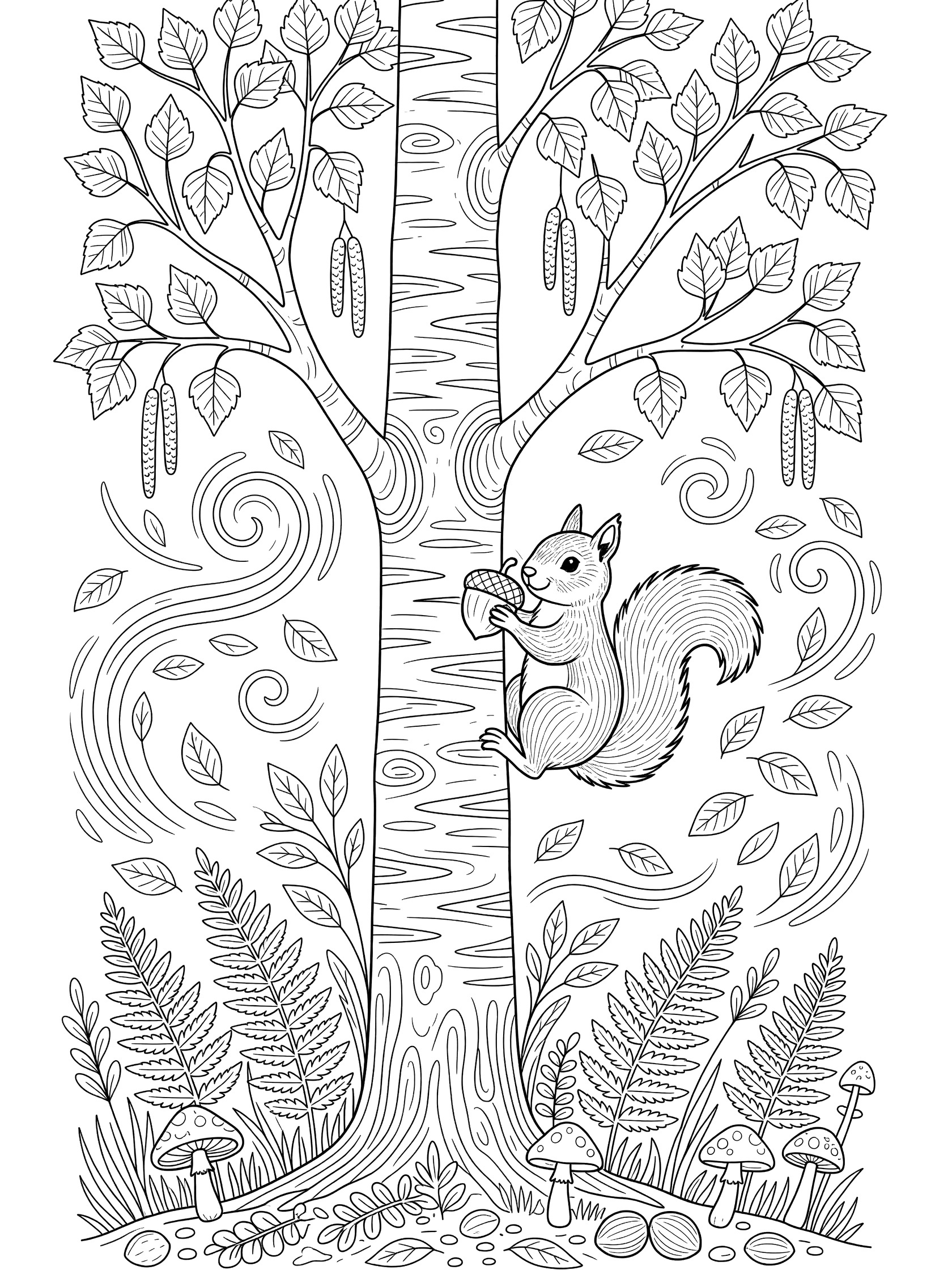 Black and white line art coloring page showing a birch tree with peeling white bark and black stripes, a squirrel climbing the trunk with an acorn, birch leaves, catkins, wind swirls, ferns, mushrooms, and nuts at the base.