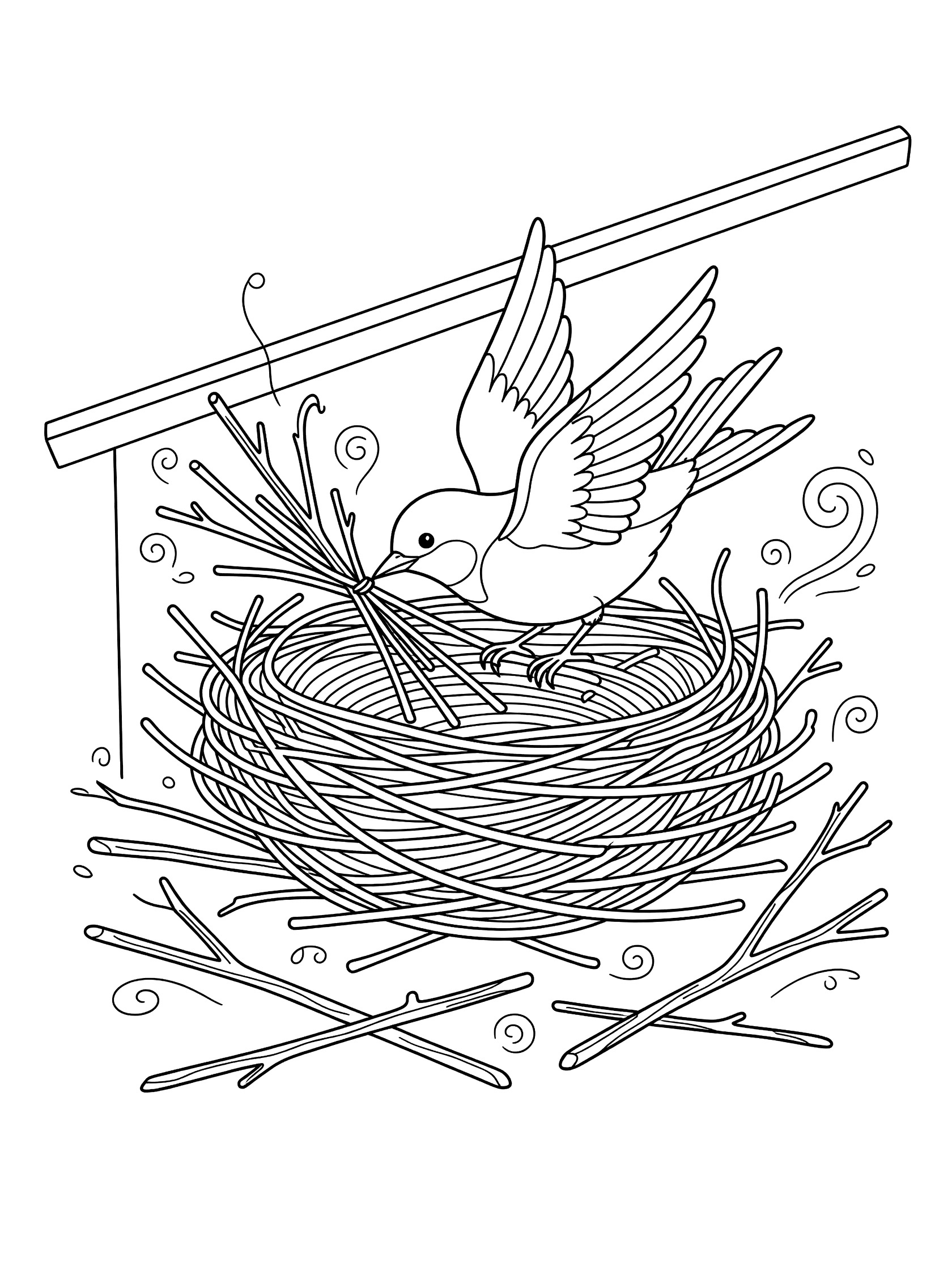 Black and white line drawing of a bird holding twigs in its beak, weaving a nest under a simple roof overhang with swirls and doodles. Swallow themed black and white printable line art